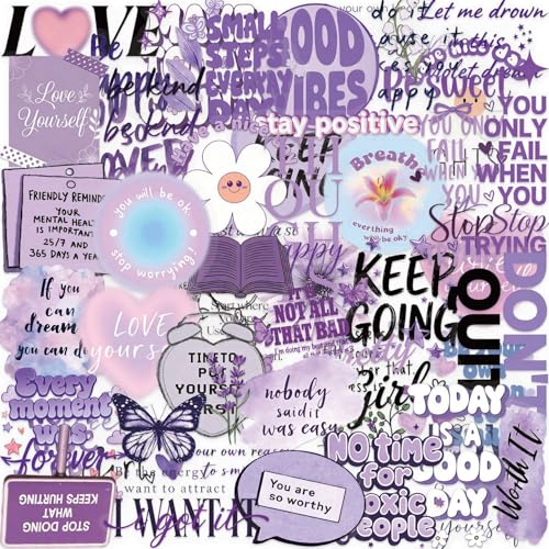 Image of 50 PCS Purple Positive Affirmation Stickers, Motivational Quote Aesthetic Decals, Waterproof Clear Scrapbook Stickers for Journaling, Planner, Laptop, Water Bottle, Self Care Inspirational Decor