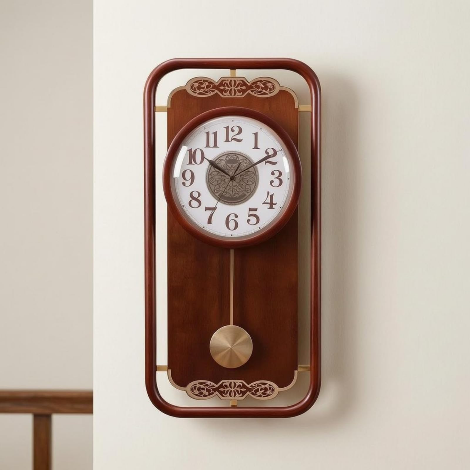 Baoblaze Reloj de Pared Silencioso Reloj Colgante Rectangular Madera Vidrio Claro Diseño Esquinas Redondeadas Patrón Central, Reloj De Pared De Madera Maciza Jinzhongbao Modelo con Campanadas