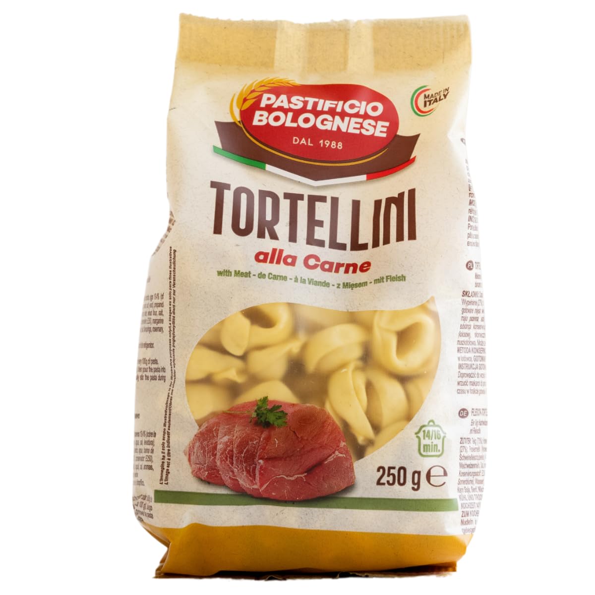 Stuffed egg pasta, pork tortellini, Italian pasta Pack of 6 x 250 gr. Traditional recipes since 1988. Pastificio Bolognese