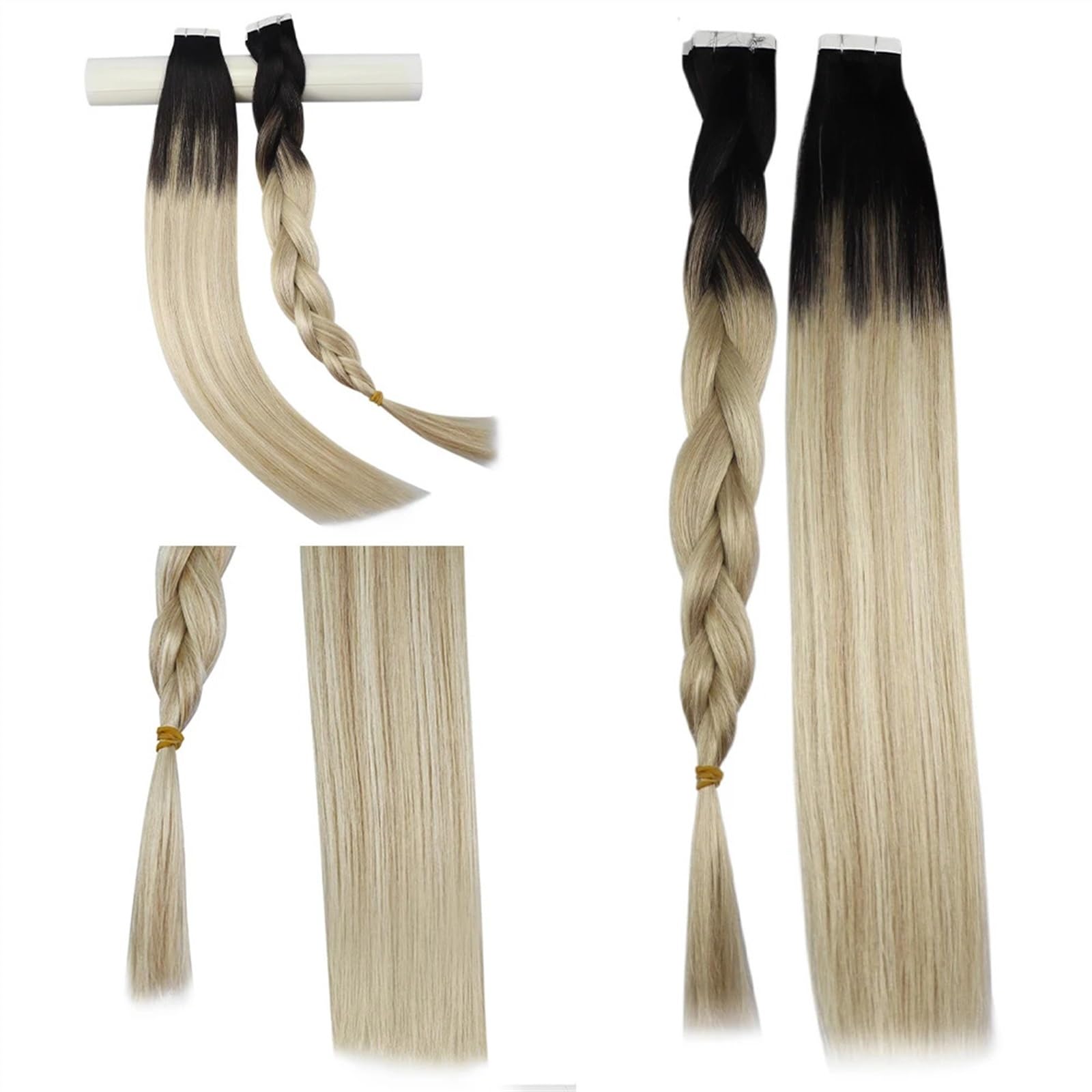Kobiety Blond Przedłużanie Włosów Ludzkich Włosów Czarny Ombre na Popiół Mix Z Platinum Blond Wstążka Remy Prosta Taśma W 12-24 cal Przedłużanie Włosów(40 szt,24 Inchy)