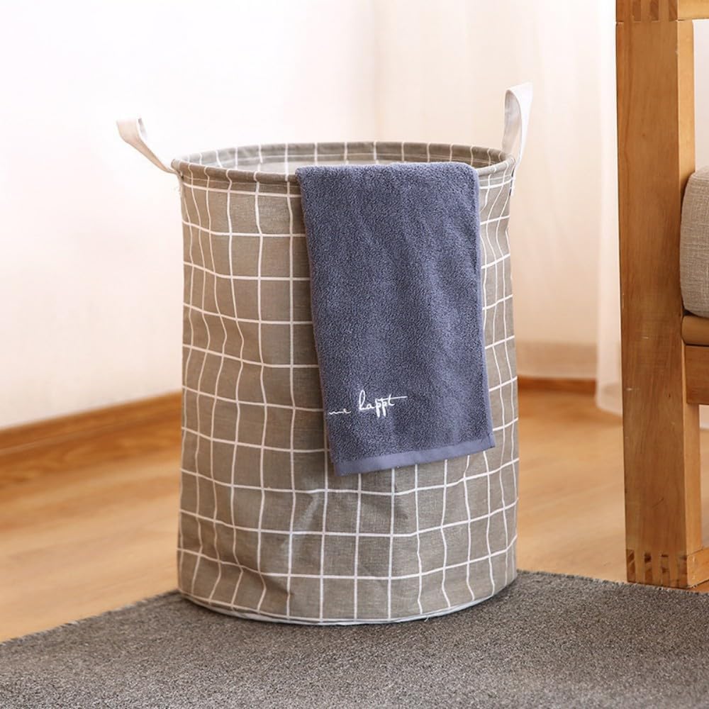 Waterproof Linen Laundry Basket | Foldable Clothes & Miscellaneous Storage Bin, Large Round Laundry Hamper for Home 308-1