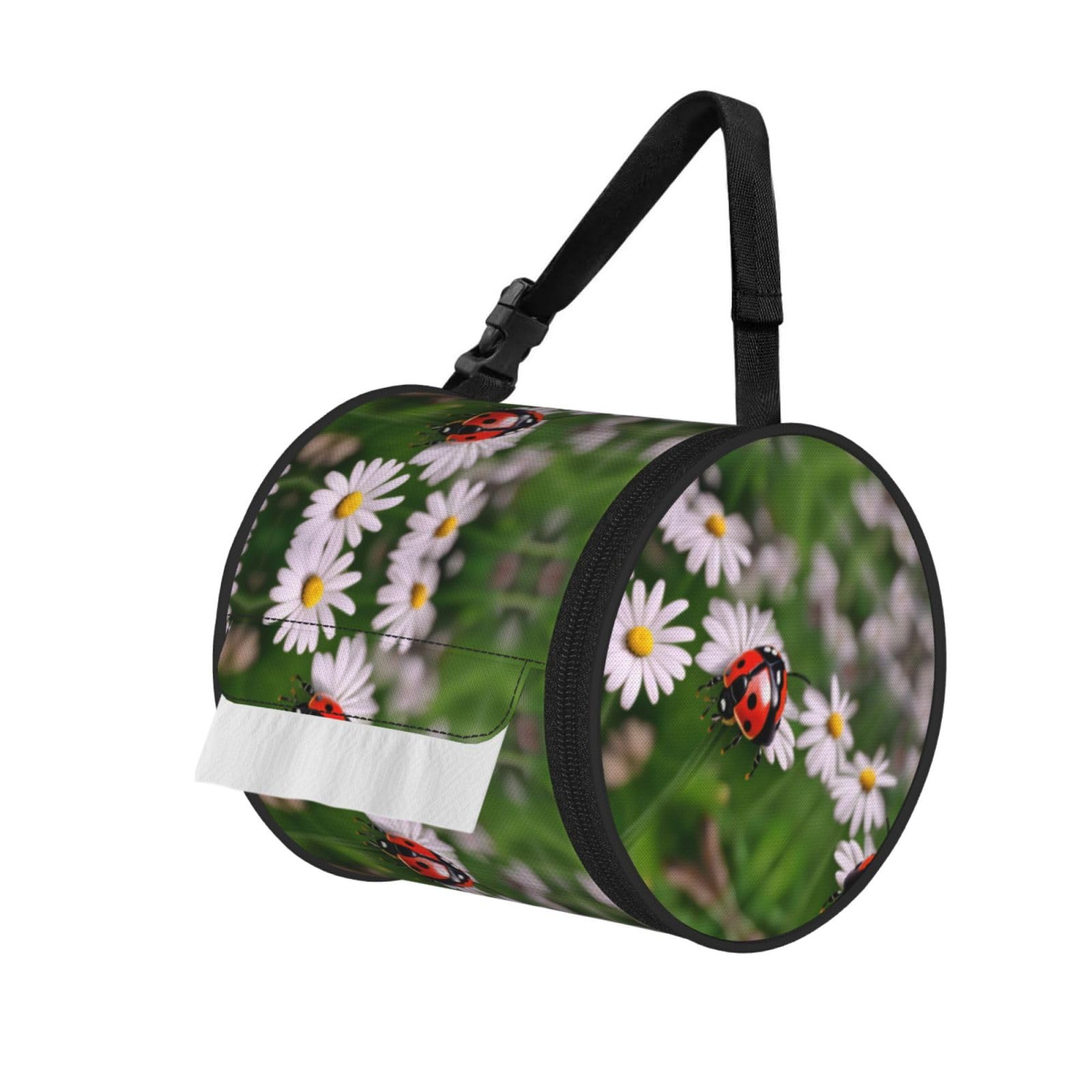 Jiuty Black Ladybug Daisy Print Cylinder Tissue Organizer Bag With Strap, Portable Toilet Roll Holder For Camping Car