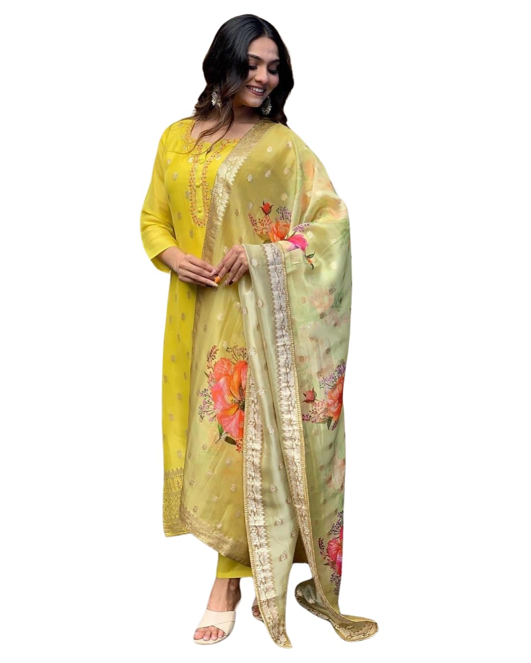 Shiv Textiles Women's Yellow Organza And Embroidery Kurta Pant Set For Women(Jd-Kritika-Yellow-S)