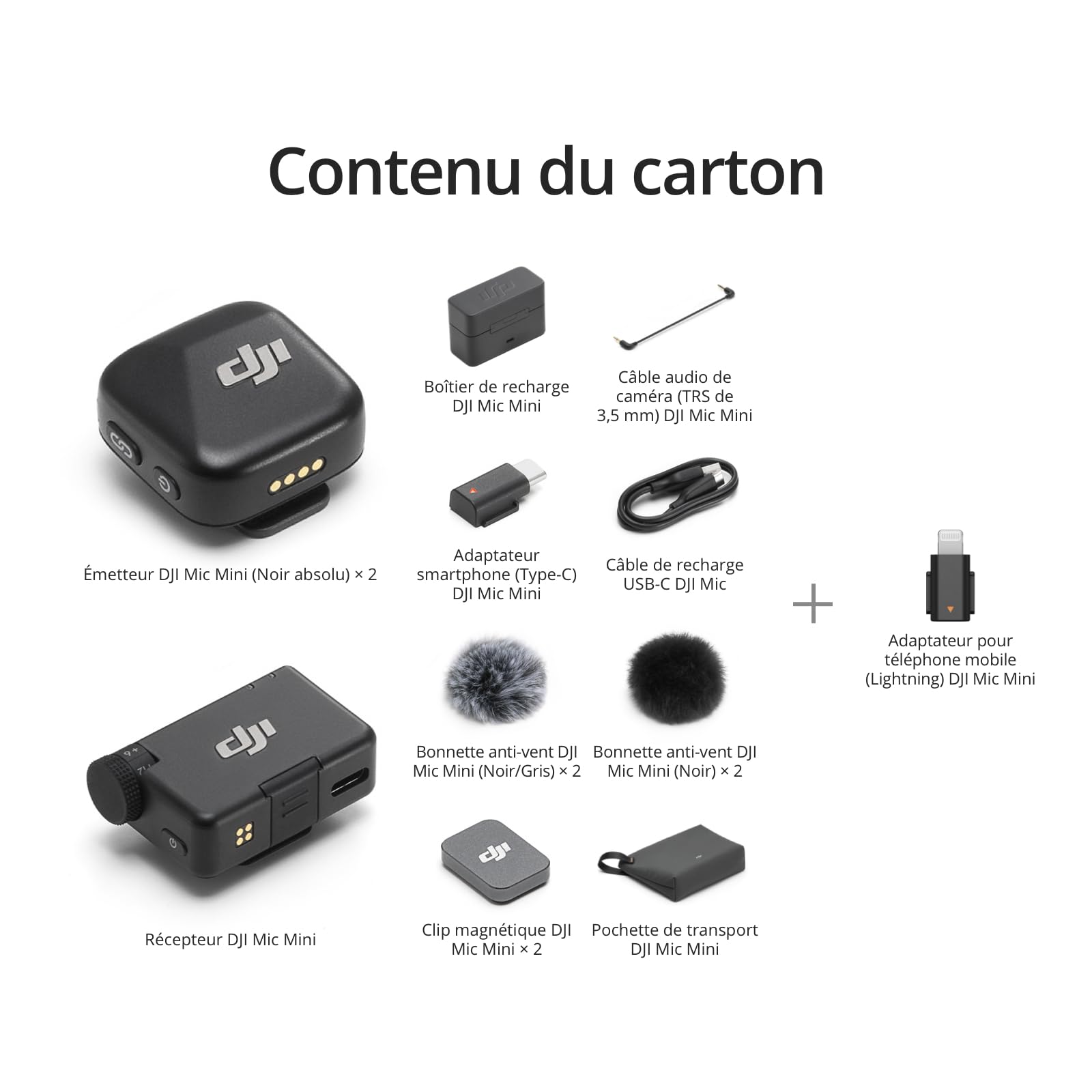 Bundle of DJI Mic Mini (2 TX + 1 RX + Boîtier de Recharge) + Adaptateur pour téléphone Mobile (Lightning), Ultra-léger, Audio de HQ, 48 h d’Utilisation, Microphone sans Fil pour iPhone, vlog