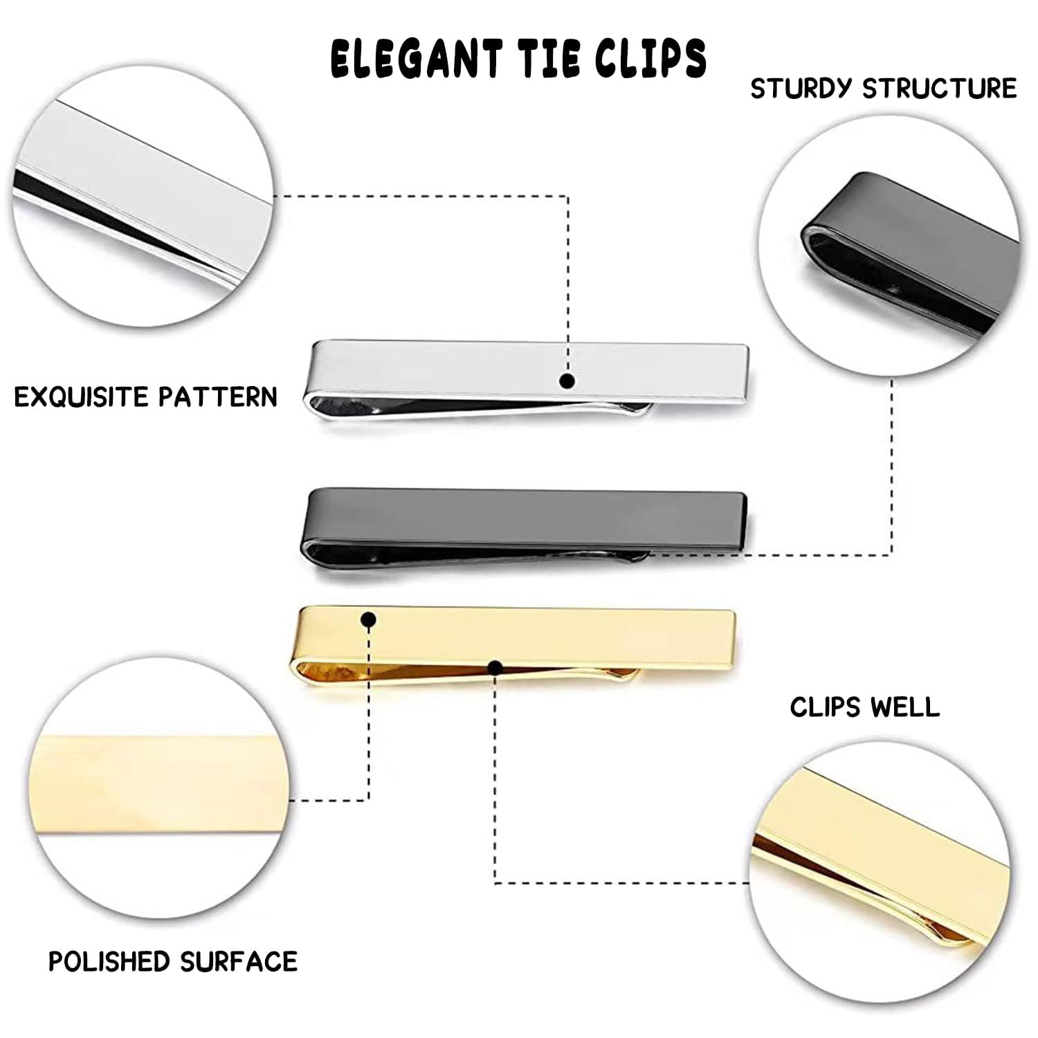 3-Pack Tie Clips for Men – Classic Gold, Silver, and Black Tie Bars, Elegant Gift Set for Business, Wedding & Daily wear
