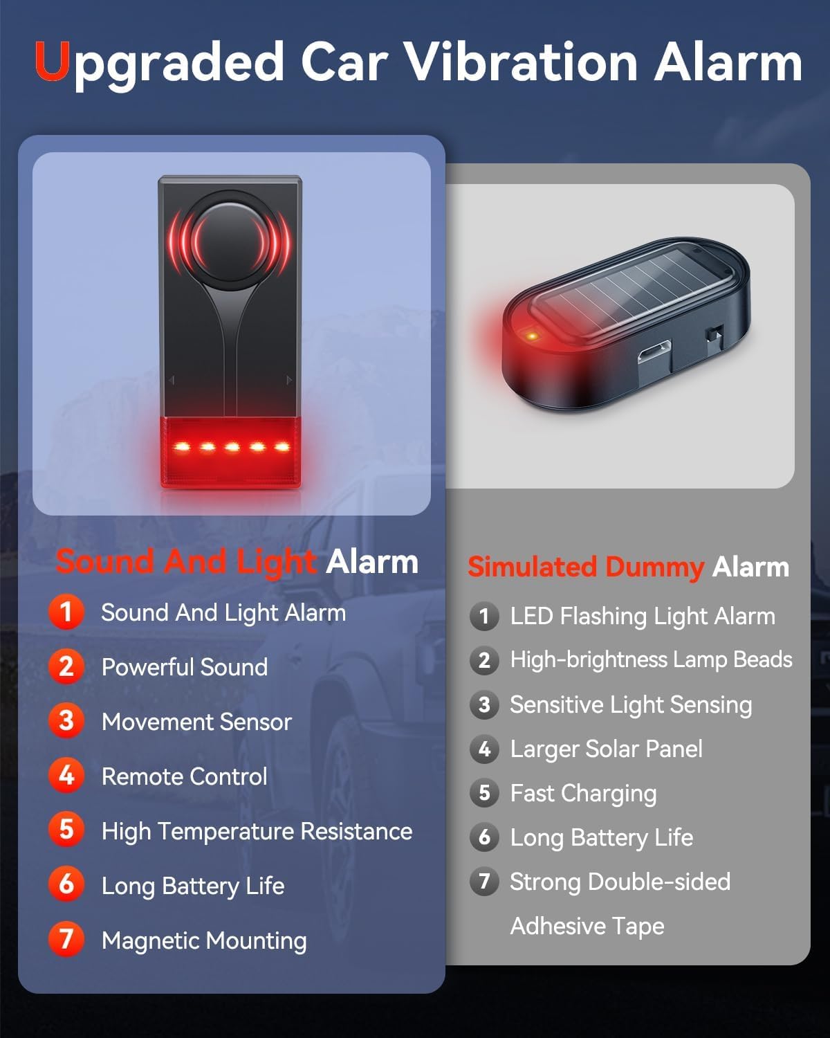 Auto-Diebstahlschutz-Vibrationsalarm, ELECTOP 108 dB Auto-Vibrationsalarm mit Ton und Licht, kabelloser Fernalarm für Autos, Sicherheitslicht für den Innenraum mit 2 Alarmgeräten