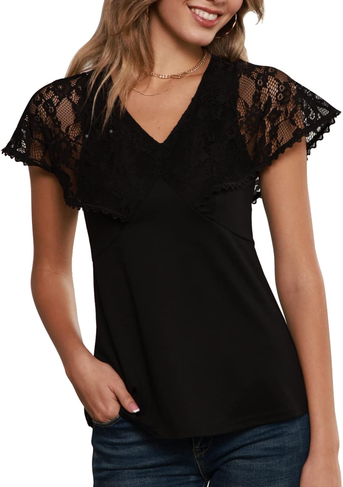 Summer Tops for Women V Neck Solid T Shirts Lace Crochet Tunic Tops Black L
