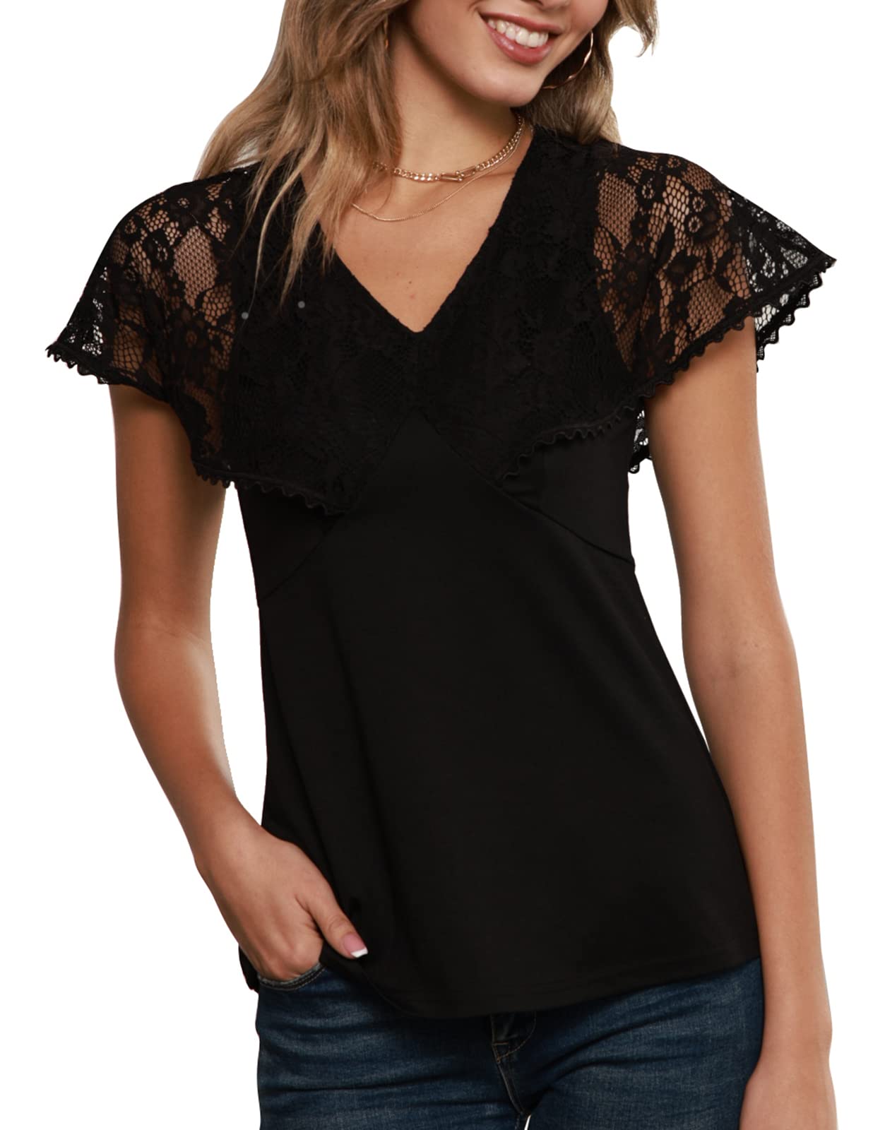 Summer Tops for Women V Neck Solid T Shirts Lace Crochet Tunic Tops Black L