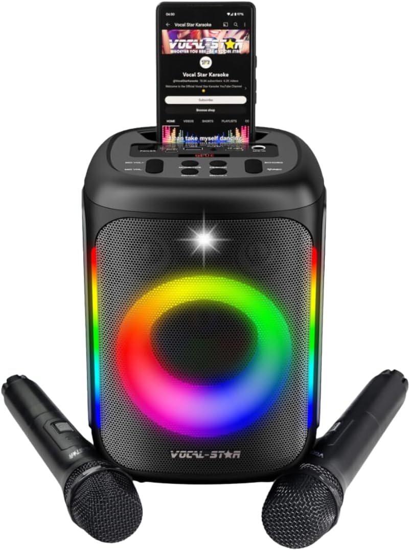 Vocal-Star VS-275 Karaoke Machine with 2 Wireless Microphones, Portable Bluetooth Speaker with phone holder, 80w Speaker, Light Effects, Records Singing, TWS, AUX, Rechargeable