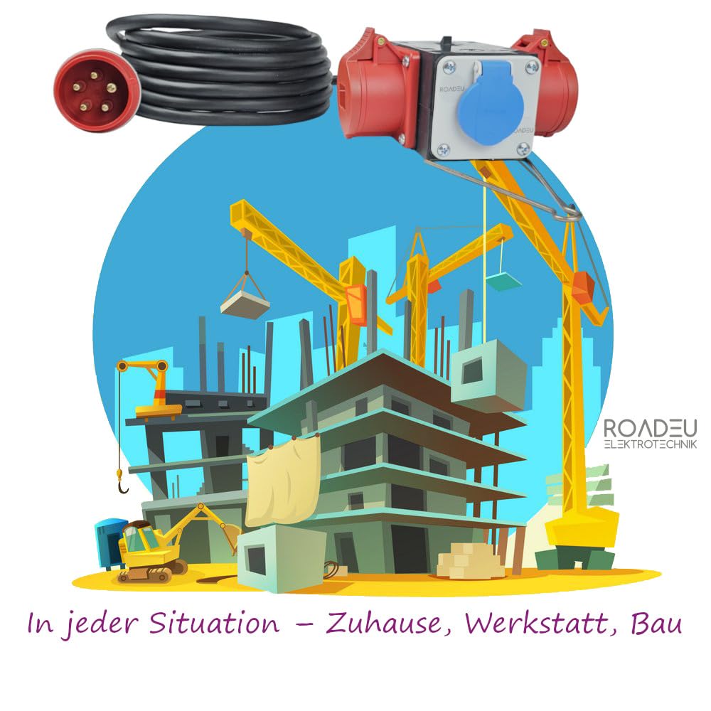 RoadEu - Distribuidor de Corriente con Salidas CEE y Schuko - Adaptador Industrial 380V y 230V 16A - Distribuidor móvil, Cable de Goma de 5m. Ideal para Taller, Cobertizo y Fábricas