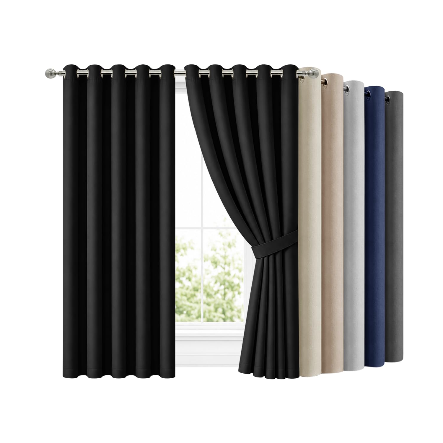 Hafaa Blackout Eyelet Curtains for Bedroom 66x72 Inch Black Super Soft Thermal Curtains for Living Room 2 Panels Curtain and Drapes with Matching Tiebacks
