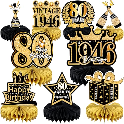 9 Pcs 80th Birthday Decoration for Men Women Happy 80th Birthday Honeycomb Centerpieces 80th Birthday Table Party Decorations Black and Gold Cheers to 80 Years Decor 1946 Birthday Party Favors