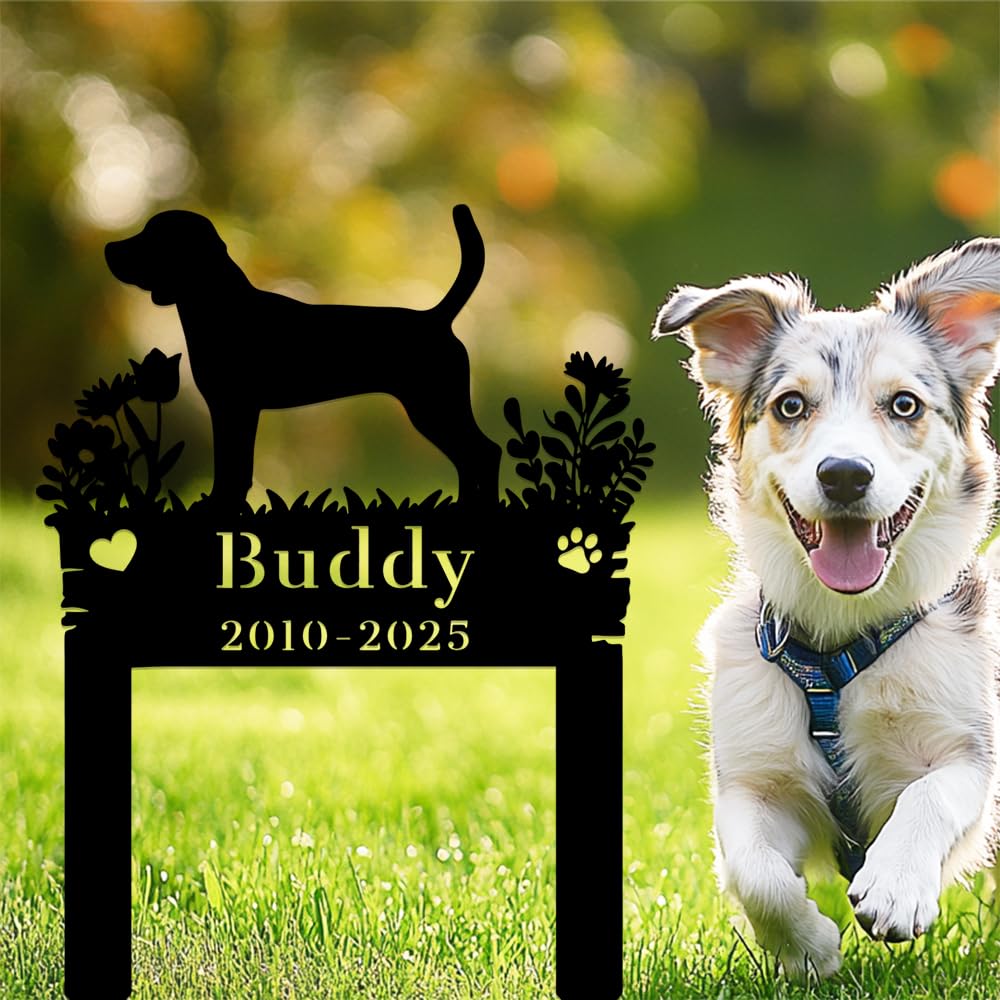 Custom Beagle Memorial Grave Marker,Personalized Metal Flora Dog Memories Garden Stake,Dogs Burial Plaque with Stakes Engraved Sign,Sympathy Gifts for Lost Pet,Pets Headstone for Graveside Yard Lawn