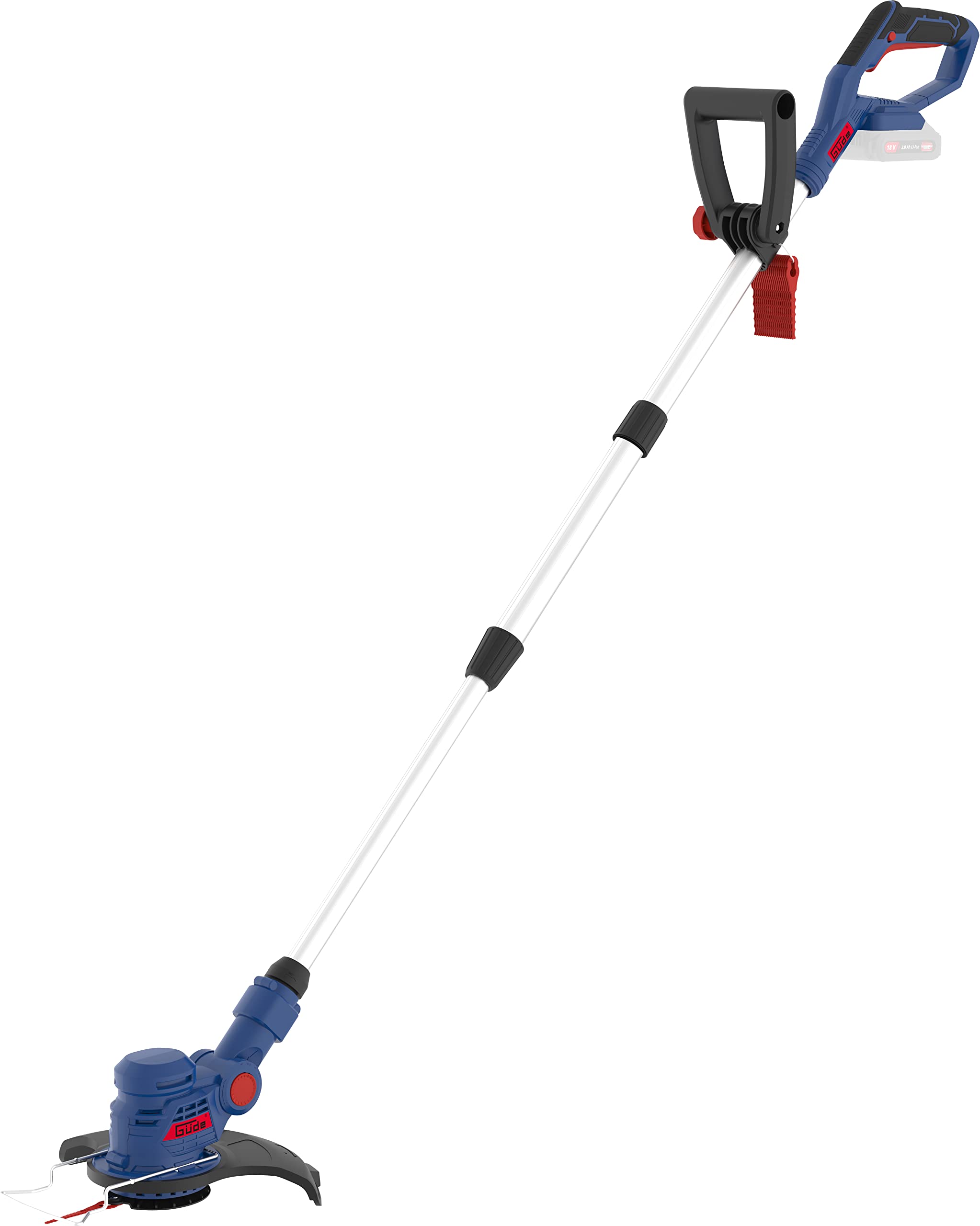 Güde 58599 RT 18-201-05 - Desbrozadora con batería (Incluye 20 Cuchillas de Repuesto, Cabezal de Corte Giratorio 180°, protección para Las Plantas) Azul