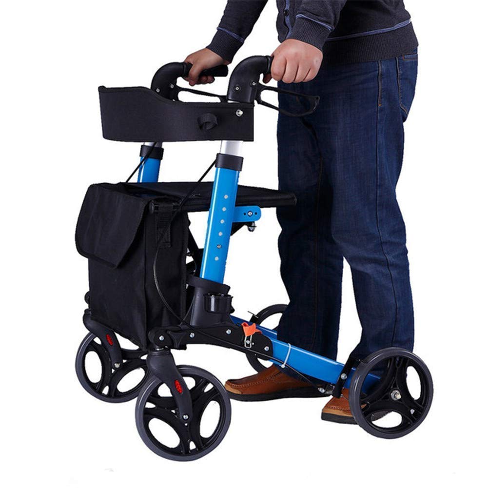 Andador para ancianos, plegable, carrito de la compra, de aluminio, con cuatro ruedas, asiento de ayuda para caminar con respaldo, cesta de la compra de altura ajustable, interesante
