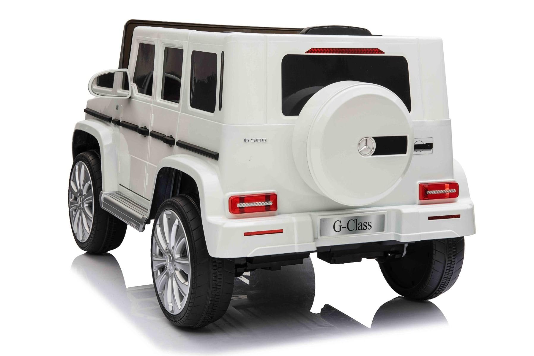 RIRICAR Samochód elektryczny Mercedes G500 12V, biały, pilot 2,4 GHz, wejście USB/SD, tylne zawieszenie, bateria litowa, oświetlenie LED, oryginalna licencja