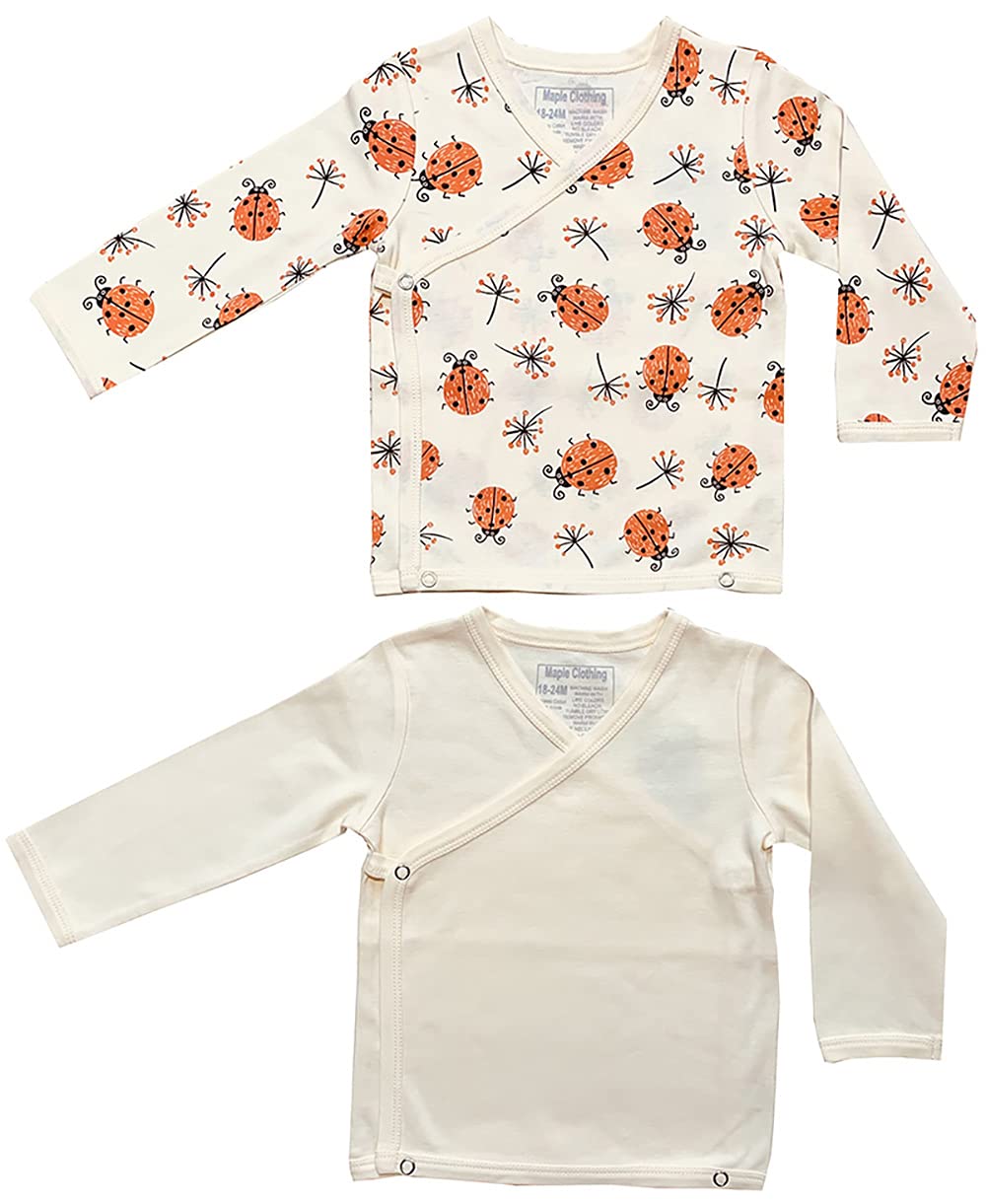 Maple ClothingOrganic Cotton Baby Kimono Long Sleeve Bodysuit GOTS Certified, Ladybug/Natural-2 Pack, 6 Months
