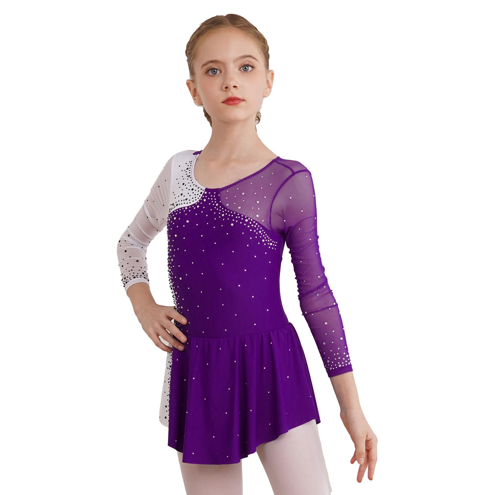 JanJean Girls Sequins Figure Ice Skating Dress Dancewear Costume Long Sleeve Ballet Dance Leotard with Mesh Tutu Skirt Purple 10 Years