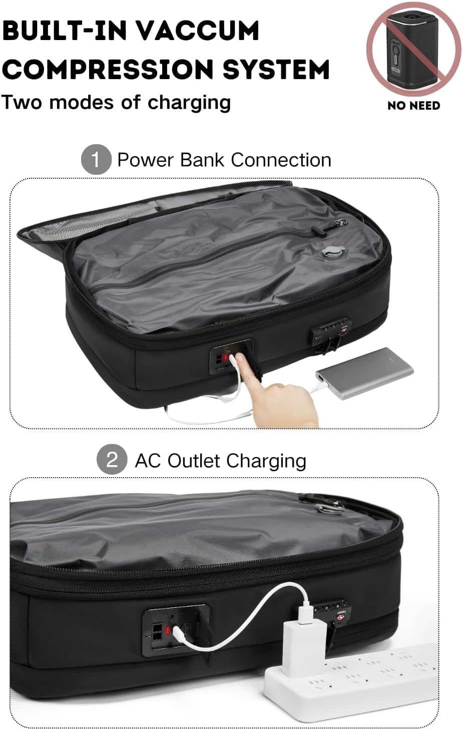 60L Vacuum Seal Travel Backpack Expandable Air Compression System, Water Resistant Airline Approved Carry-On Suitcase Luggage, Black - Vacuum Pump Included