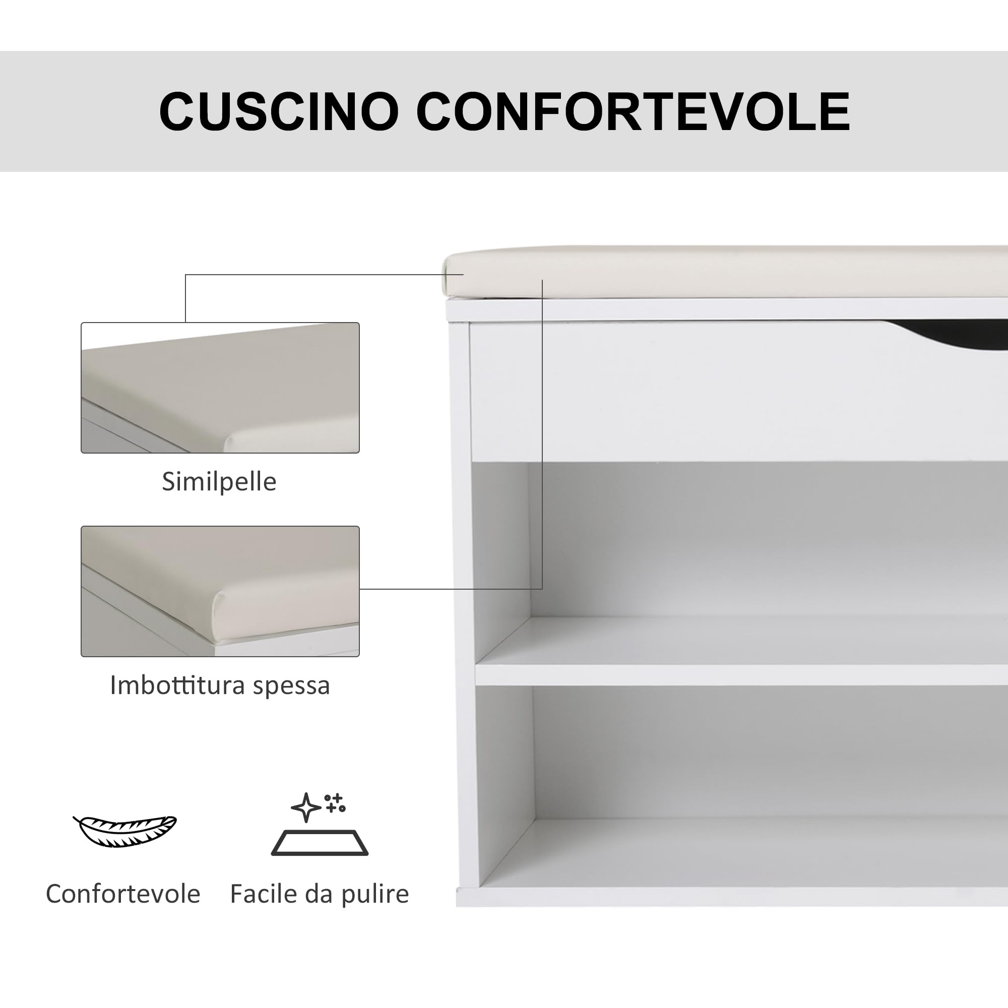 HOMCOM Panca Scarpiera Mobile Portascarpe Salvaspazio 80x30x47cm Bianco | Sedile Imbottito Ribaltabile, da Ingresso, Legno