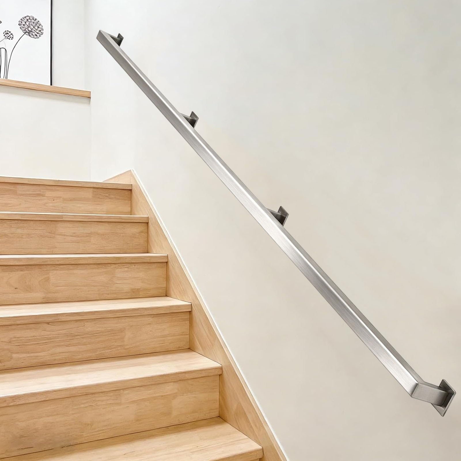 Junvstor Industrial Stairs Handrail Kit, Sturdy Wall Mount 304 Stainless Steel Hand Rail, Indoor Outdoor Stair Railing Banister For Wood Concrete Brick Wall, Sqaure Pipe Grab Bar(2.6ft/80cm)