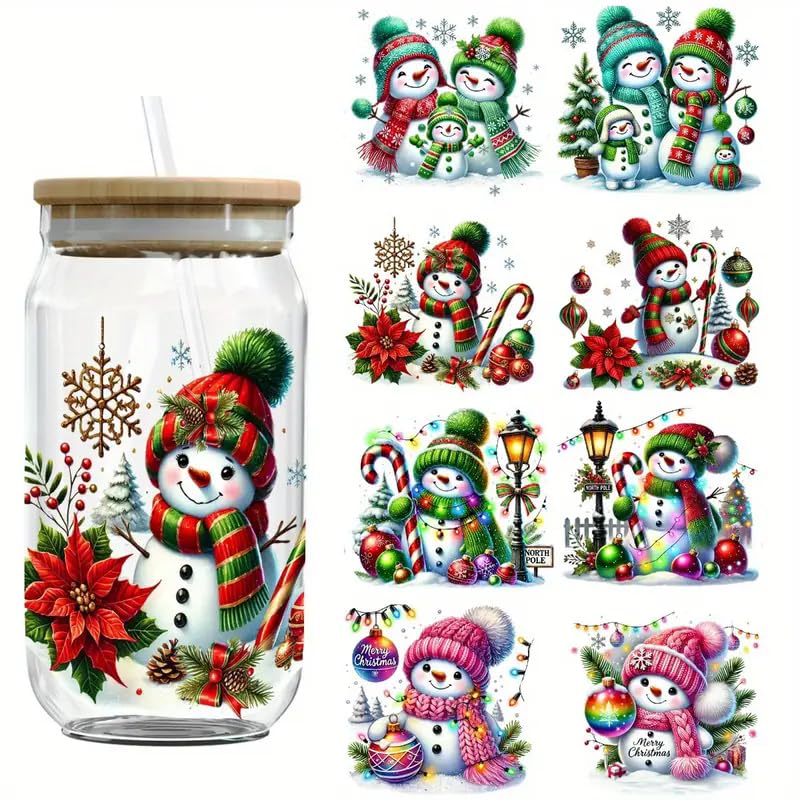 4pcs Merry Christmas Snowman Tree UV DTF Cup Wraps Transfer Waterproof Sticker for Glass Cups Furniture Craft DIY Crafts，Rub on Transfer Stickers for DIY Water Bottle Laptop Decal Wood Car