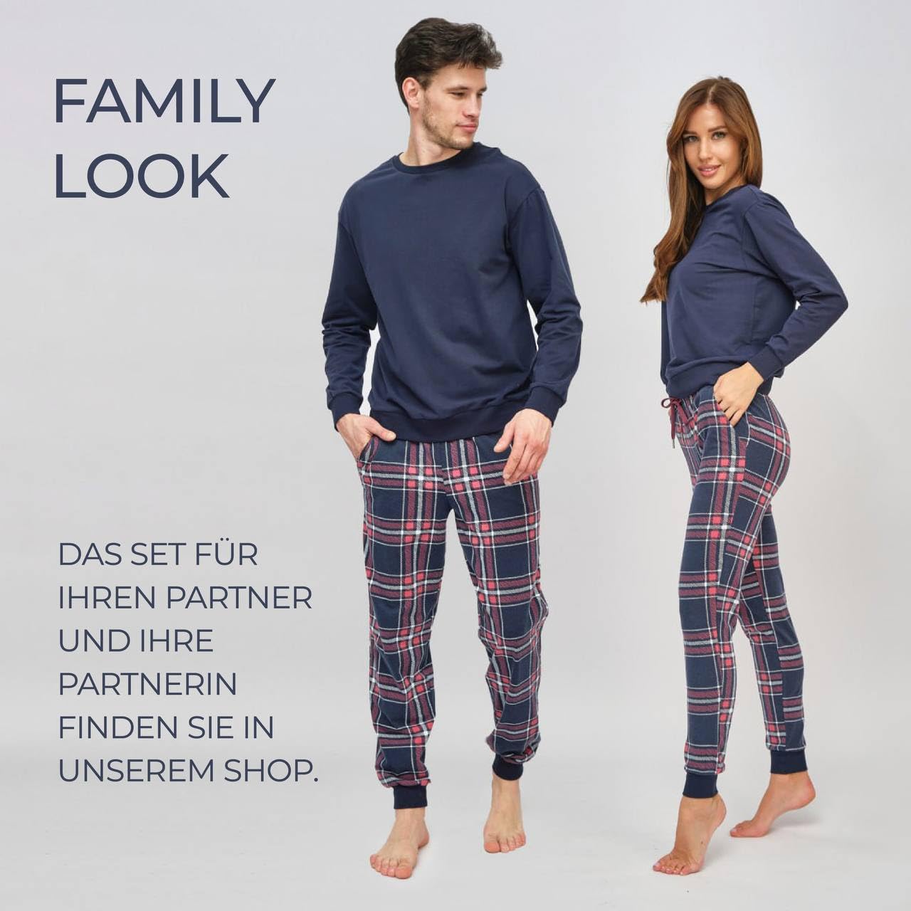 Schlafanzug Lang mit Bündchen Zweiteiliger einfarbiger Oberteil mit Rundhals und Karierte Hose mit Tasche