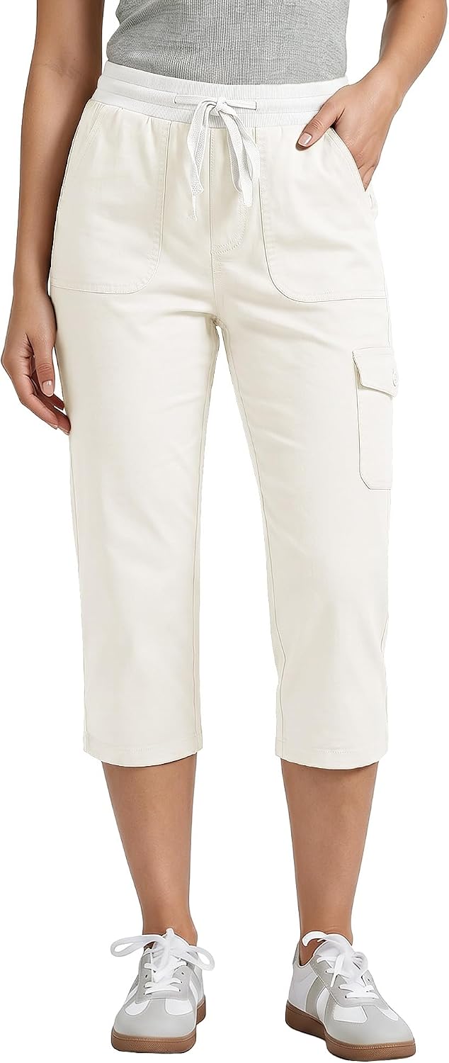 GRAPENT Capri Pants for Women Cargo Elastic Waist Pull On Drawstring Summer Casual Capris Cotton Chino Cropped Pants