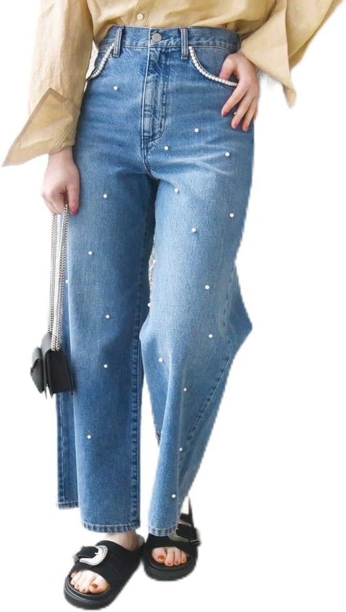 [シップス] 洗濯機可能〉 パール モチーフ デザイン リラックス ワイド デニム ◇ ブルー 40