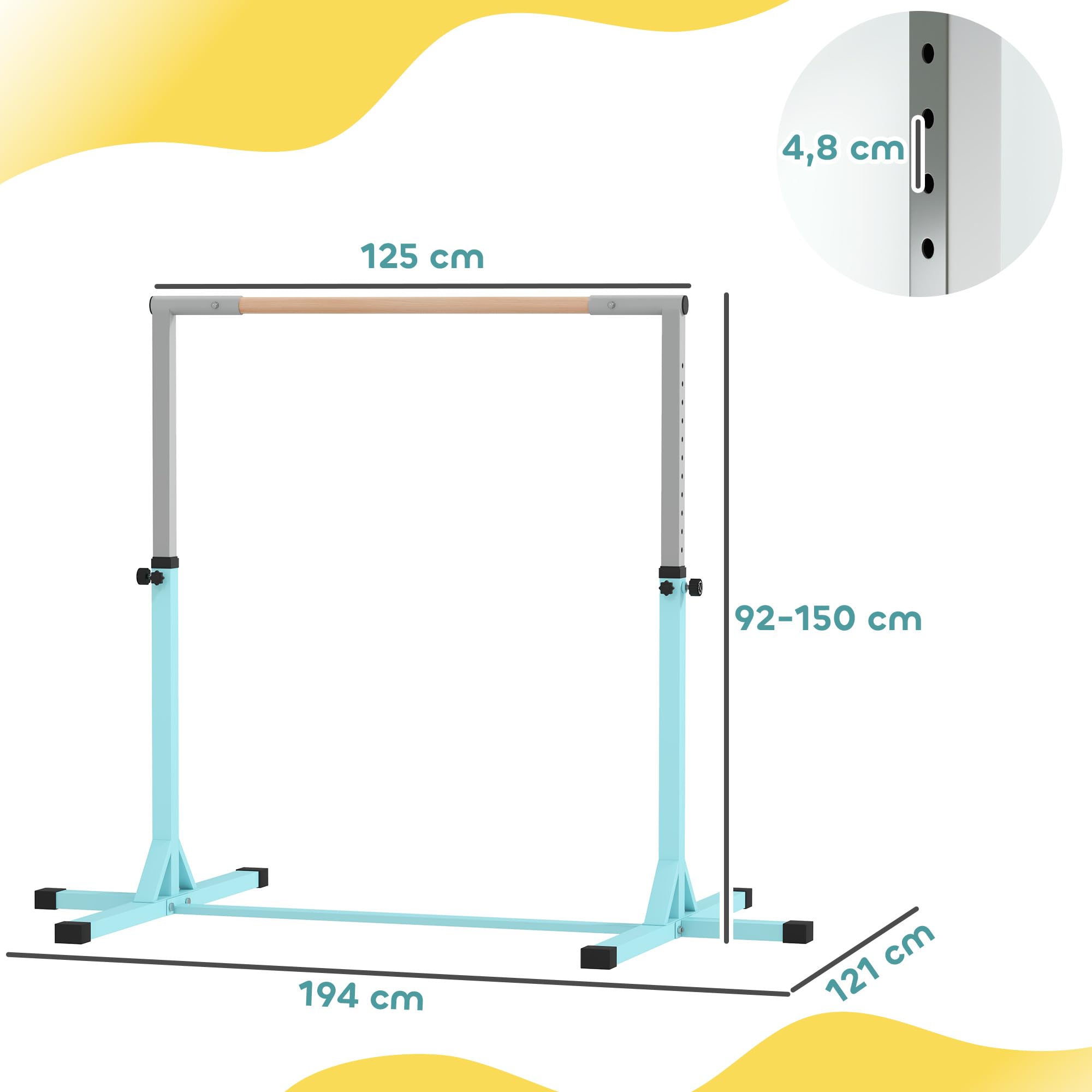 HOMCOM Gymnastikstange für Kinder, höhenverstellbar Turnreck Reckstange, Reck Turnstange für Indoor & Outdoor aus Holz & stabile Stahlkonstruktion bis 75 kg belastbar, für 3+ Kinder