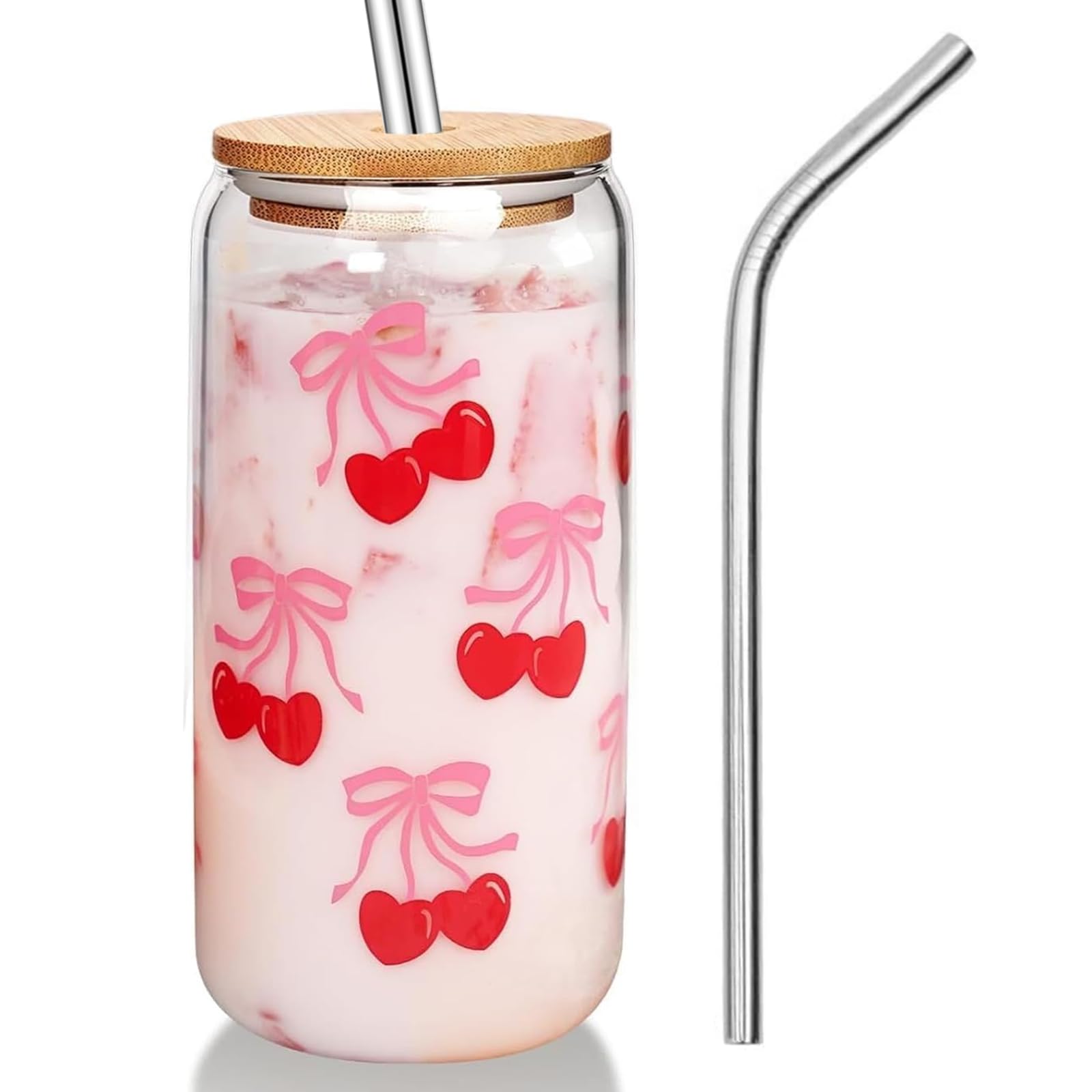 Tressora 4pcs Cute Glass Coffee Mugs Cups with Lids and Straws, Bow Design Iced Coffee Cup, Aesthetic Mug Tumbler for Women, Flower Drinking Glasses,Coffee Lover Gifts for Women(Bow Design)