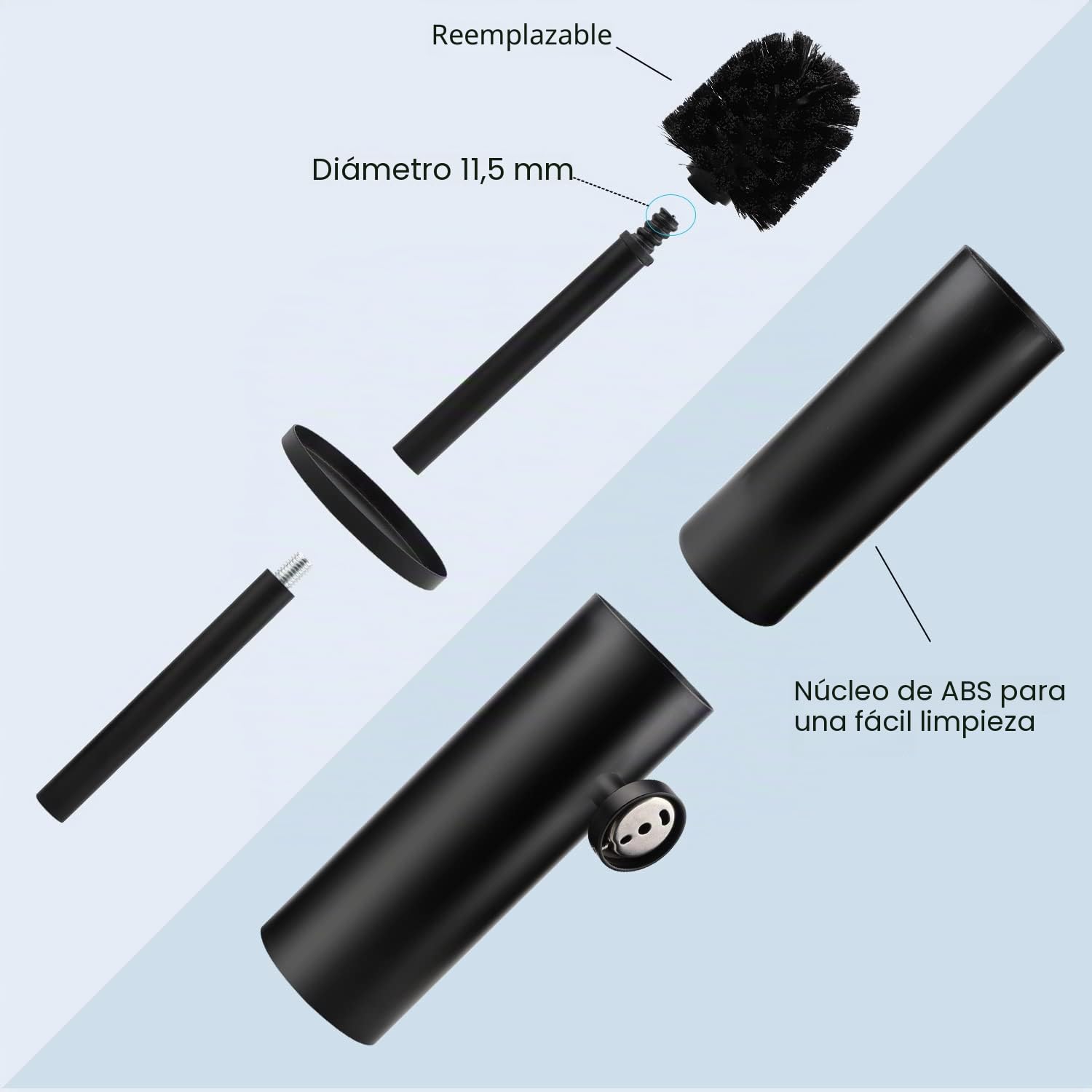 EXLECO 2Pcs Escobillas de Baño Pared, Autoadhesivo Acero INOX Escobillero para WC con Mango Largo, Protección contra Salpicaduras y 2 Cepillo (Mate Negro)