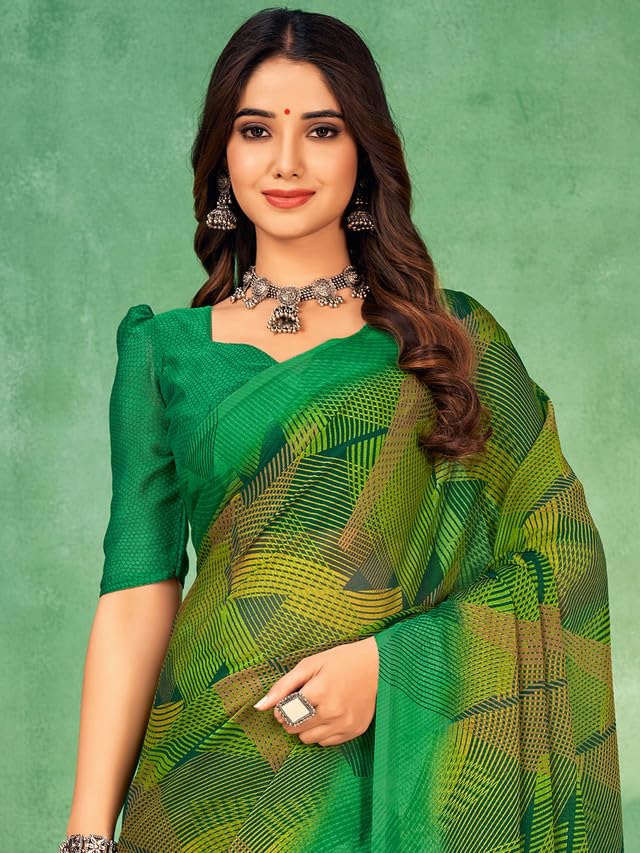Image of SIRIL Women's Geometric Printed Chiffon Saree with Unstitched Blouse Piece (3168S2902 Green)