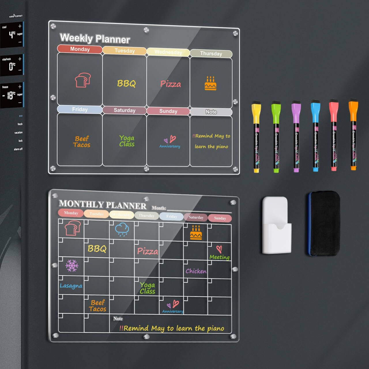 VABNEERWeekly + Monthly Magnetic Calendar for Fridge, Acrylic Fridge Calendar Magnetic Fridge Planner, with 6 Markers, 1 Pen Holder,1 Eraser
