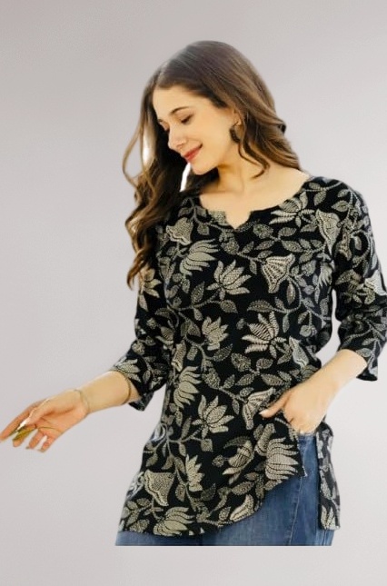 Women Floral Printed Cotton Short Kurta || Short Kurti for Women (Black)