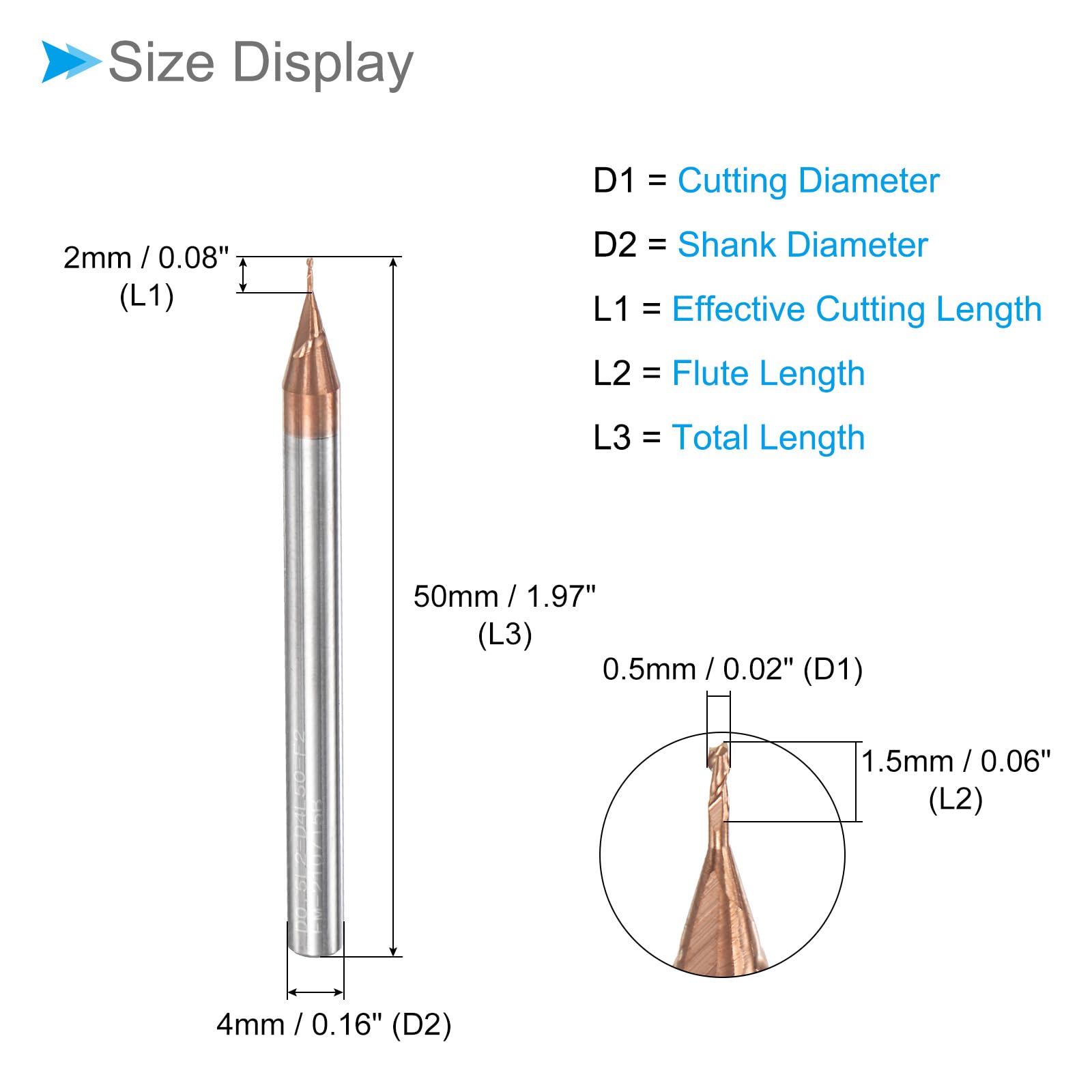 Fraise à Bout Carré, Coupe de 0,5 mm x 2 mm, Longue Portée, Revêtement en Carbure de Titane (Nano-Échelle), 2 Flûtes pour Fraiseuse CNC