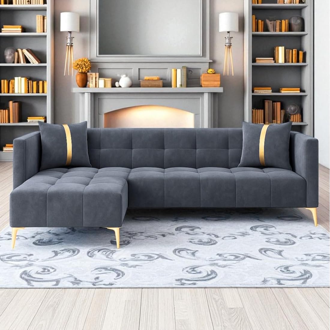 FURNY Styliving 4 Seater Fabric LHS L Shape Sofa Set (Dark Grey) with Golden Finish Legs | Durable & Comfortable | Ideal for Living Room FURNY Styliving 4 Seater Fabric LHS L Shape Sofa Set (Dark Grey) with Golden Finish Legs | Durable & Comfortable | Ideal for Living Room