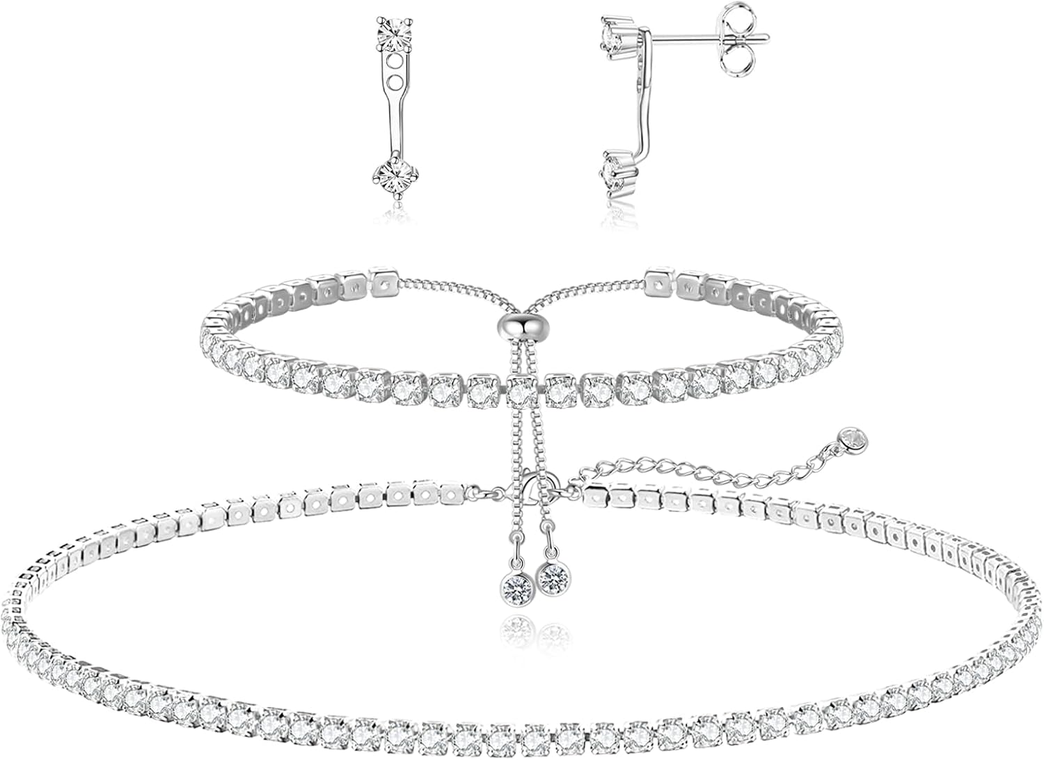 Luxval Tennis Necklace Set for Women Tennis Bracelets Diamond Earrings Sterling Silver Necklace Wedding Jewelry for Bride Silver Jewelry Sets for Women Gift