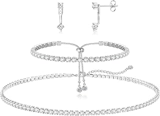 Luxval Tennis Necklace Set for Women: Sterling Silver Diamond Earrings & Adjustable Bracelet, Hypoallergenic Wedding Jewelry Gift