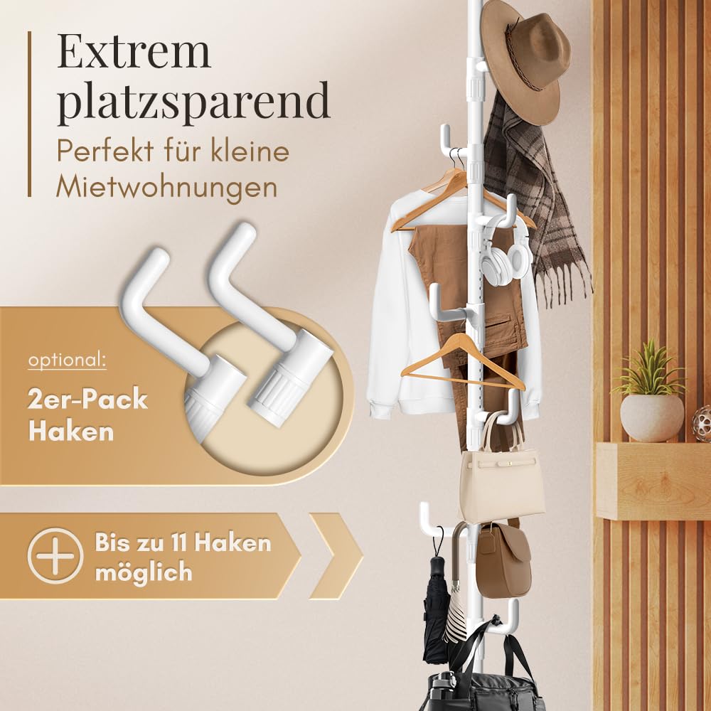 LOBUX® - Garderobenständer ausziehbar, 5 Haken [weiß, 110-310cm] – Teleskop Kleiderständer stabil – Garderobe platzsparend aus Metall – Herrendiener Schlafzimmer – Flurgarderobe – Wäscheständer Balkon