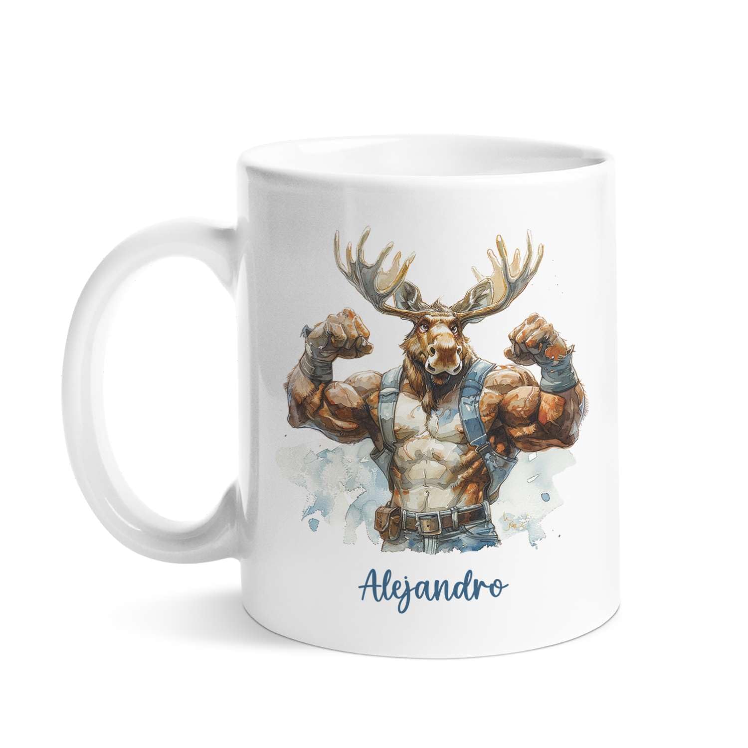 Personalized Muscular Moose Watercolor Teacup, Custom Moose Lover Coffee Mug, Customized Name Animal Themed Travel Cup, Decorative Cup With Moose, Gift For Family Member On Holiday
