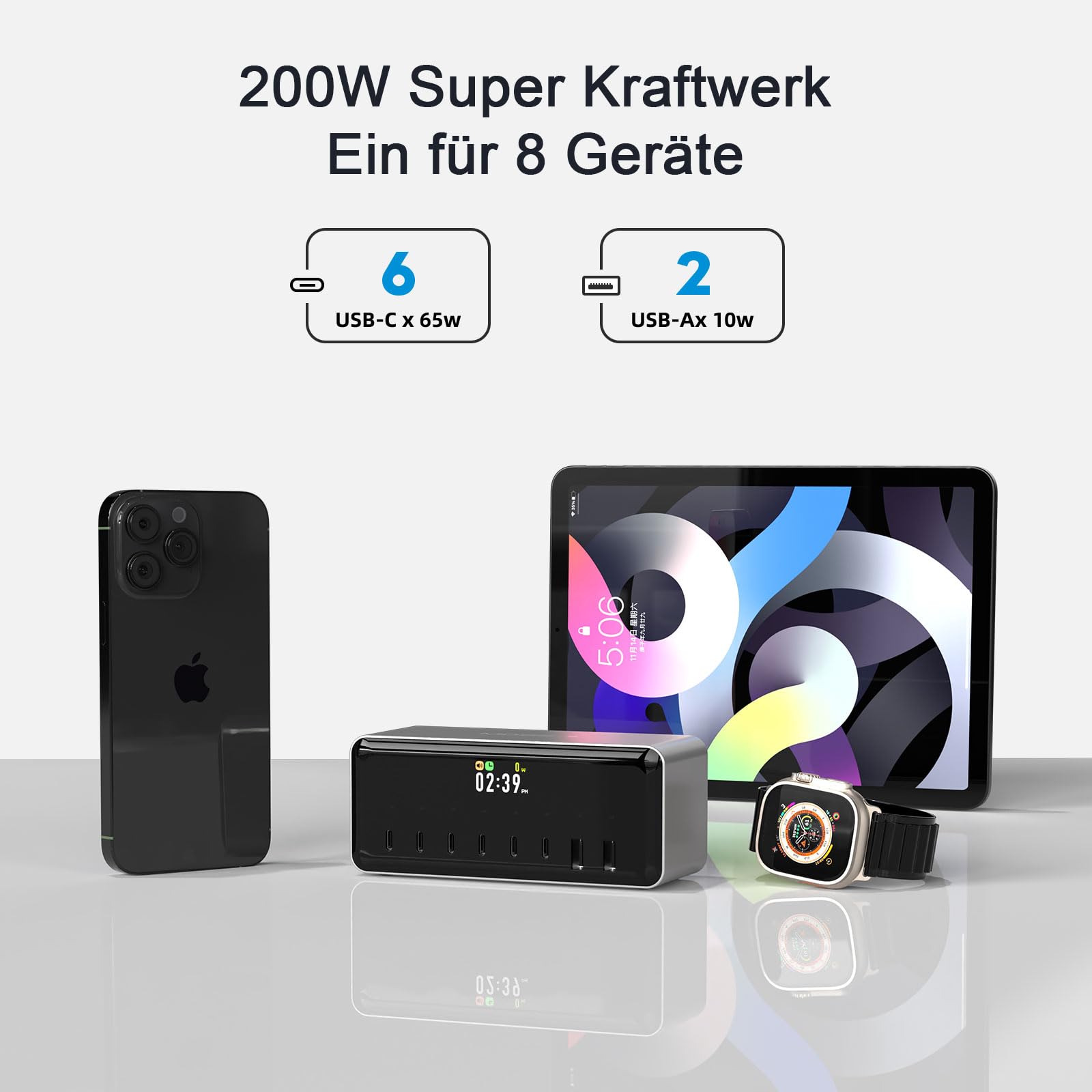 LIMETA MDSS2 ładowarka USB C, 200 W, 8 portów USB, szybka ładowarka z zegarkiem, budzikiem i programatorem czasowym, stacja ładująca do telefonu komórkowego z szybką ładowarką do iPhone 17 16 15, iPad