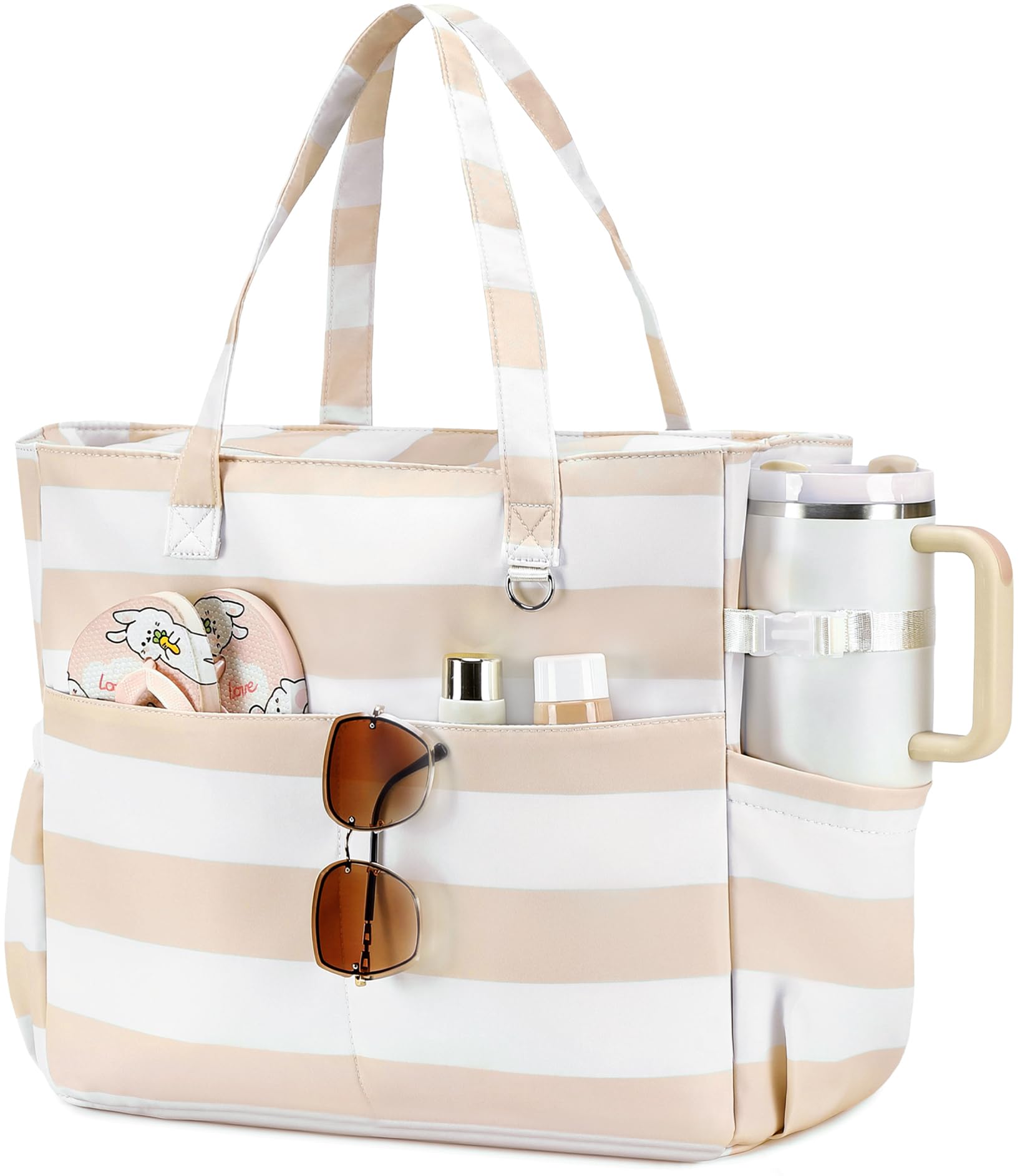 LEDAOU Beach Bag Waterproof Sandproof Women Beach Tote Pool Bag with Zipper for Swim Gym Grocery Travel with Wet Pocket