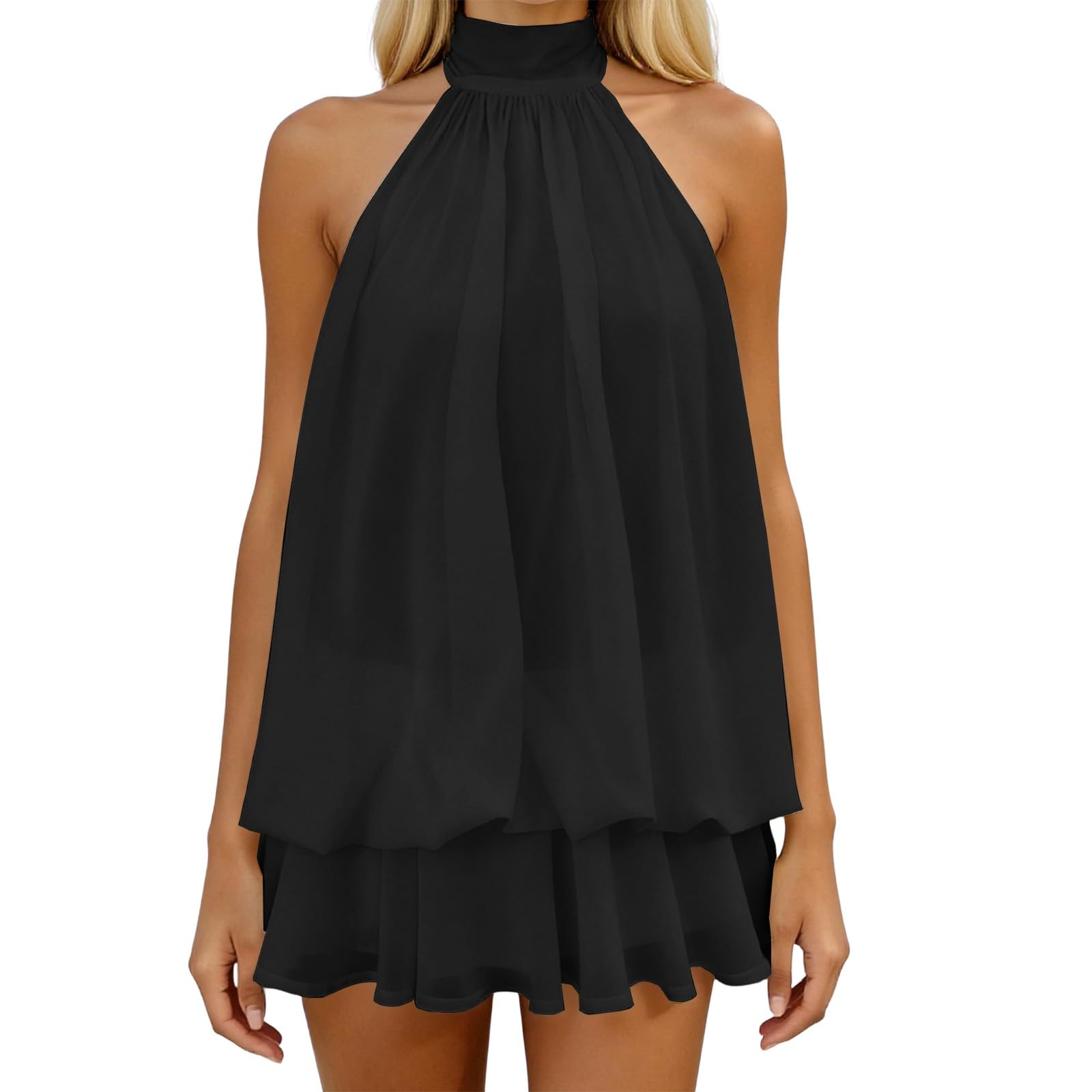 MJGkhiy Vestito Donna Elegante Senza Maniche Mini Abito con Scollo Halter e Volant Estivo Vestiti Ampio in Chiffon Cerimonia Abiti Schiena Scoperta con Laccio Vestito Corto per Sera Discoteca Cocktail