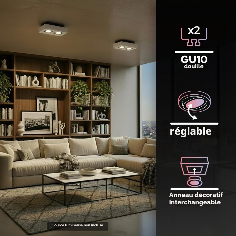 EDO Carré Spot de Plafond GU10 OSMIN RIM 2 Spots Blanc/Noir – Plafonnier en Saillie – Lampe Double avec Anneau Interchangeable et Orientable – Éclairage Moderne pour Salon, Chambre, Cuisine