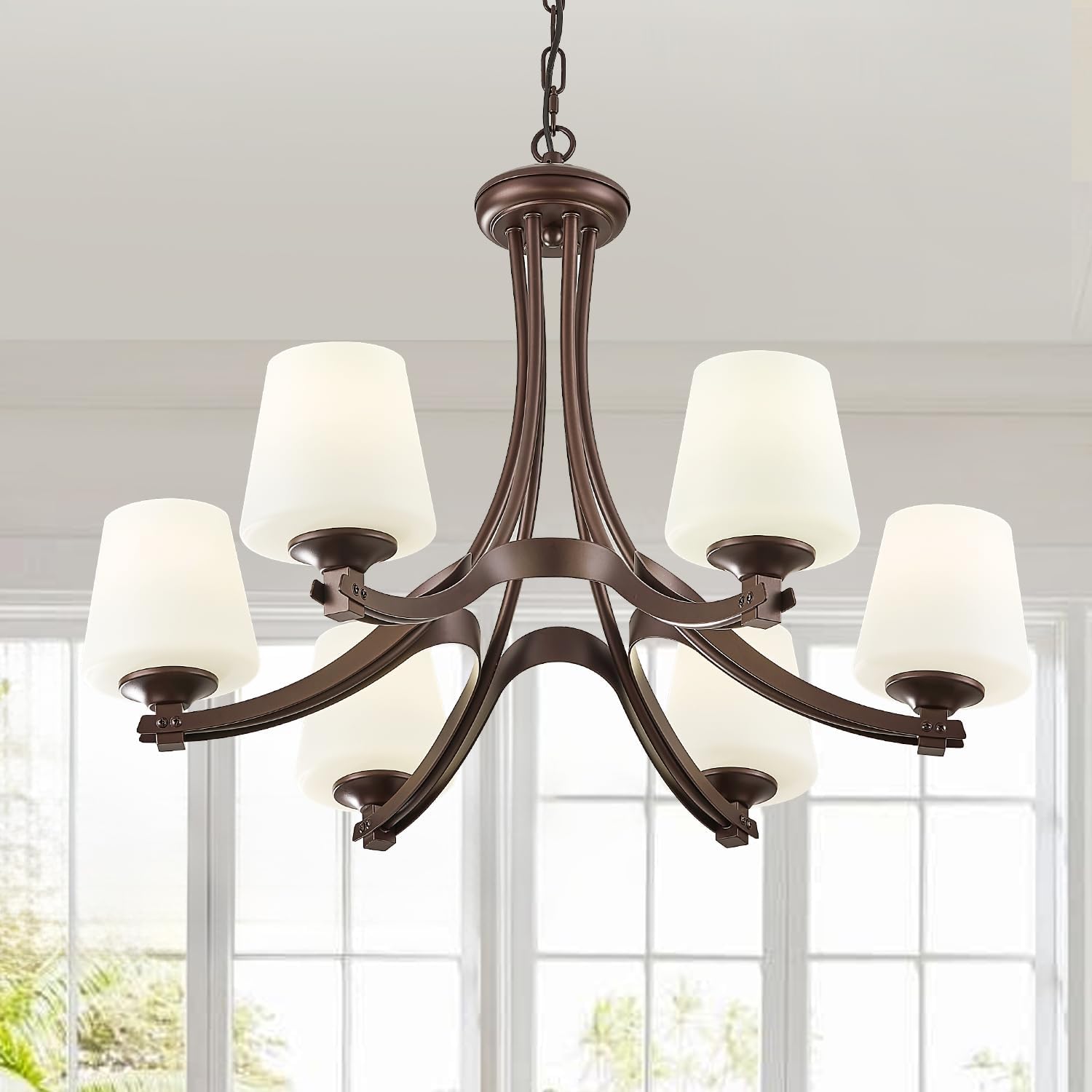 6-Light Oil Rubbed Bronze Farmhouse Chandelier Pendant Light Fixture with Frosted Glass, Matte Brown Rustic Ceiling Lighting Vintage Hanging Lamp for Dining Room Kitchen Island ,Height Adjustable