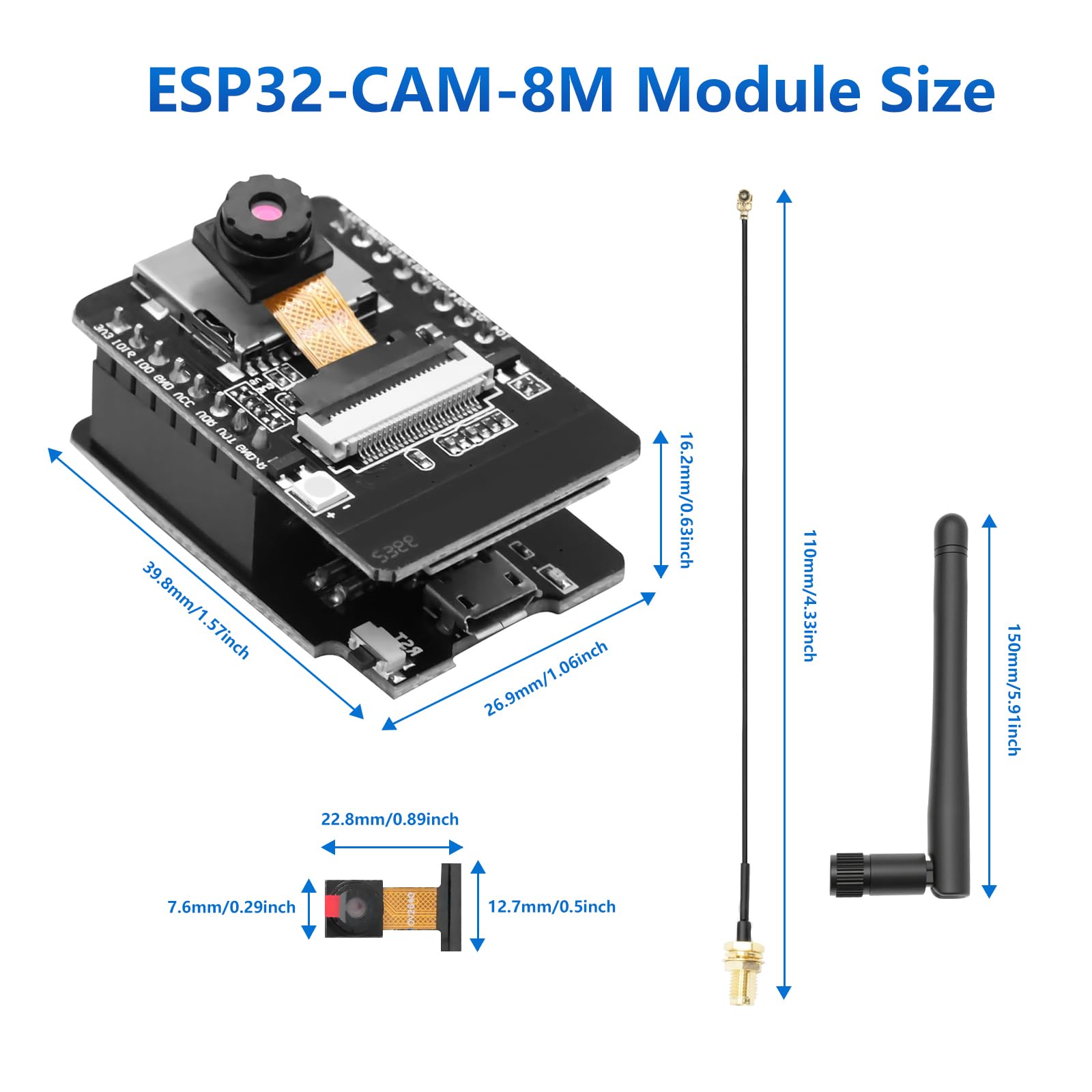 RUIZHI ESP32 CAM Módulo, ESP32-CAM 8 MB, ESP32 CAM WiFi/Bluetooth Placa de Desarrollo con Cámara 2640 + 2,4 G Antennen IPEX y Módulo de Tarjeta TF con Micro USB Compatibilidad con Arduino(2 Pcs)