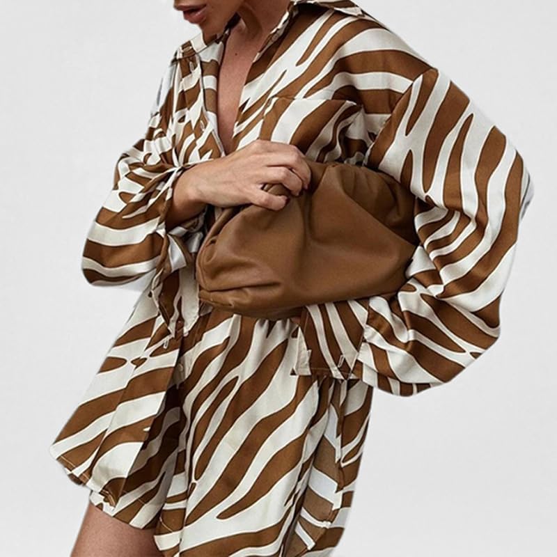 Women's Oversized Zebra Print Two Piece Set Long Sleeve Blouse and Shorts 2 Piece Outfits