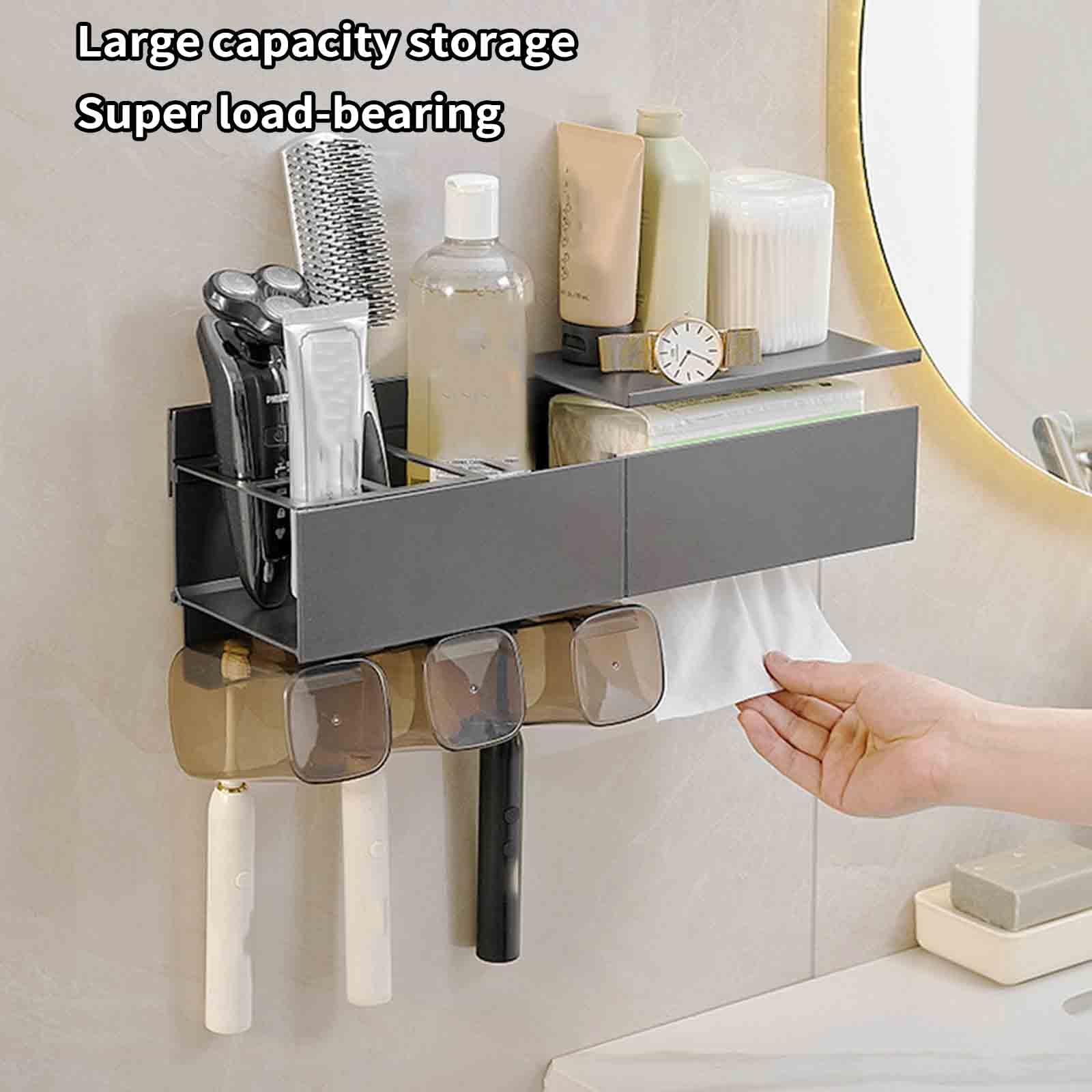 Dispensador Pasta Dientes Organizador Baño Porta Cepillo De Dientes Viaje Portacepillos De Dientes Pared Toothbrush Holder Adhesivo Aluminio Baño A Prueba De Agua (33.5x12x10cm,Grey)
