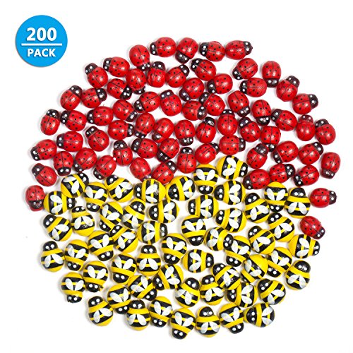 ZOEON 100Pcs Mariquita de Madera y 100Pcs Etiqueta Engomada de Abeja de Madera Decoración del Hogar Adhesivo Volver Arte de DIY